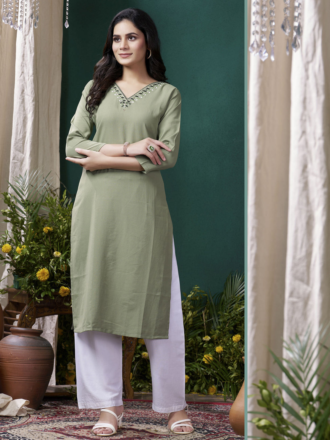 Stunning Olive Green Embroidered Cotton Casual Wear Kurti With Pant