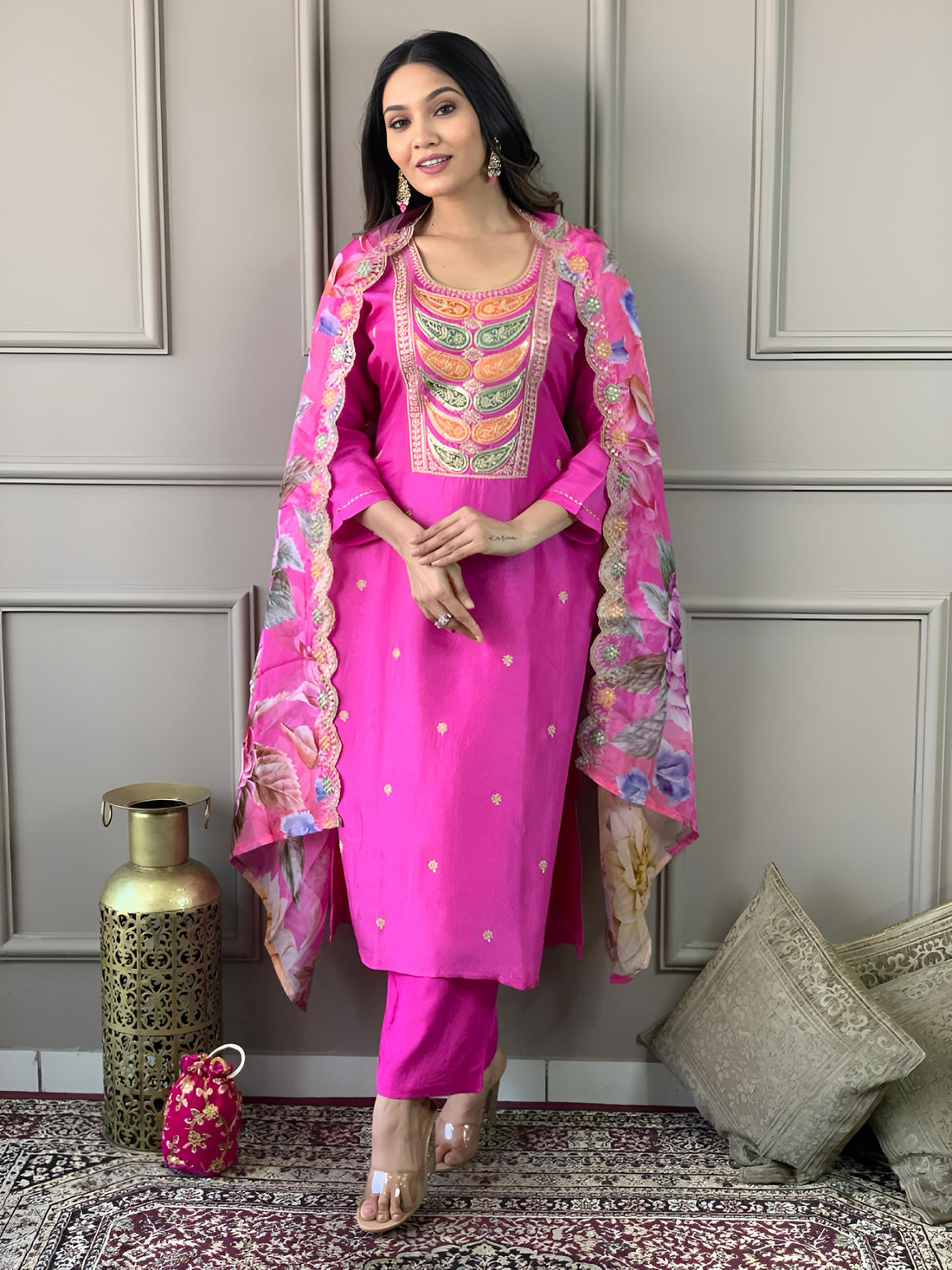 Sweet Pink Embroidered Chanderi Silk Event Wear Pant Suit With Dupatta