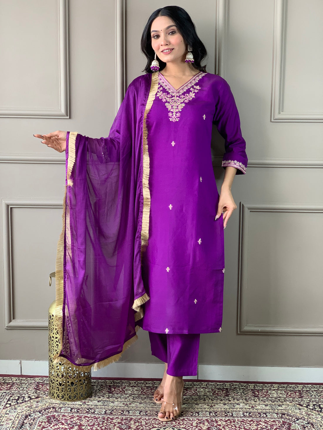 Precious Purple Embroidered Chanderi Silk Pant Suit With Dupatta