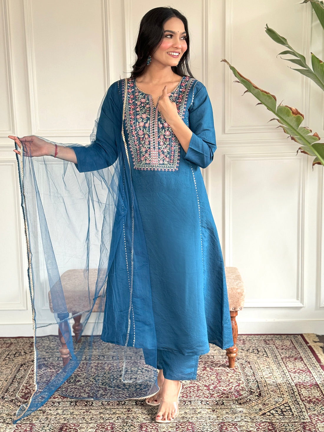 Captivating Blue Embroidered Chanderi Silk Readymade Pant Suit