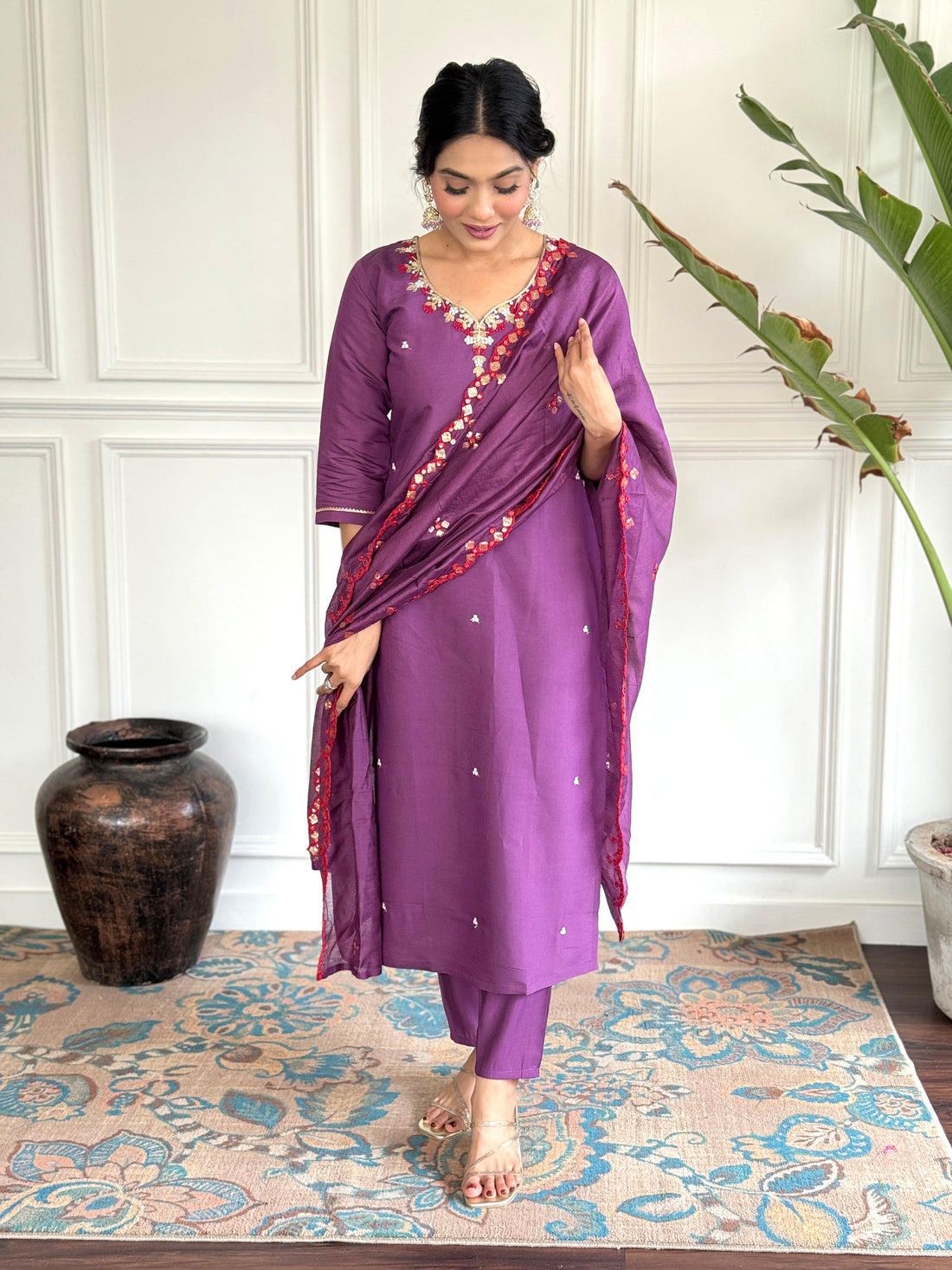 Charming Purple Embroidered Chanderi Silk Traditional Pant Suit