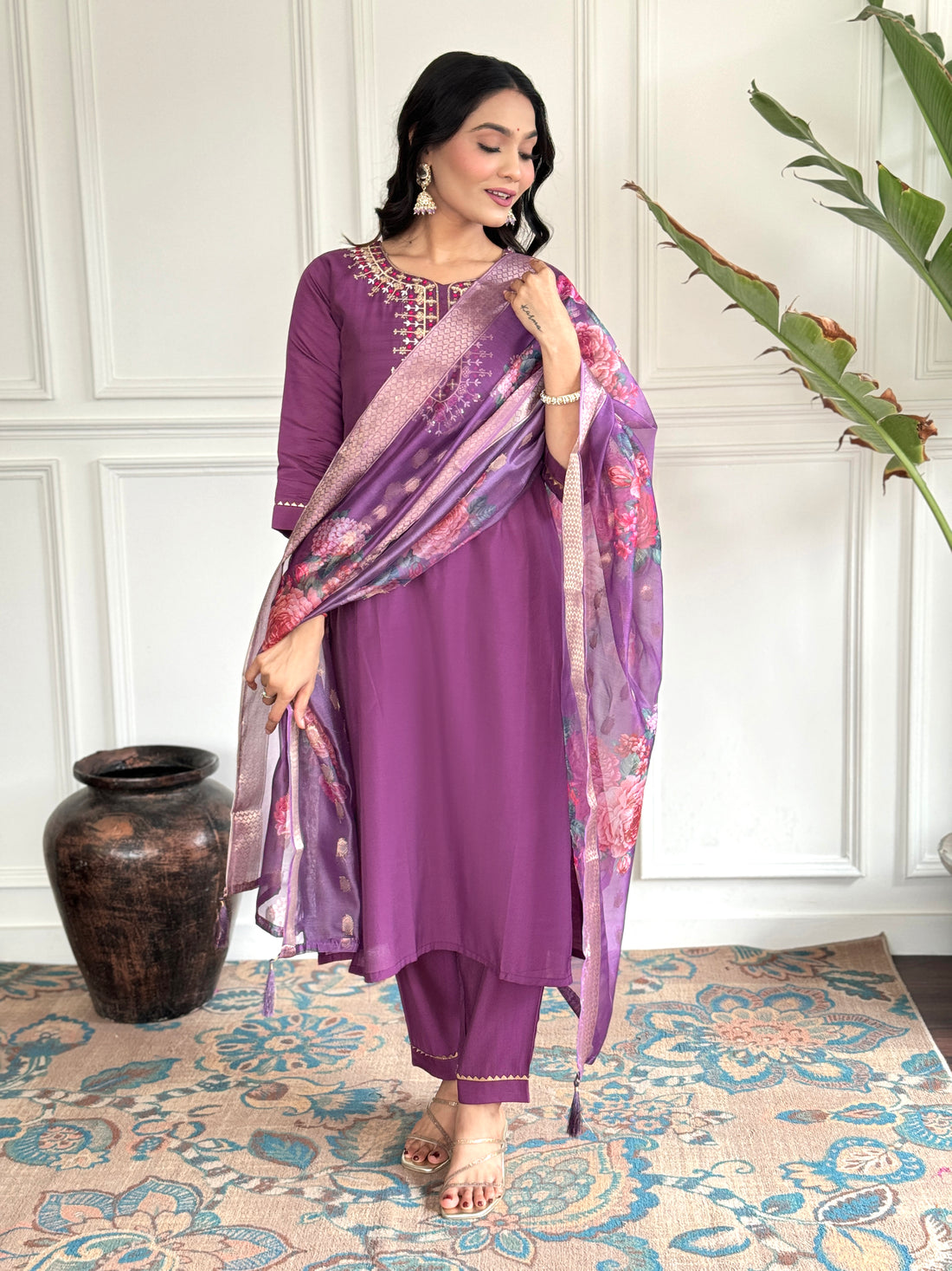 Enchanting Purple Embroidered Chanderi Silk Event Wear Pant Suit