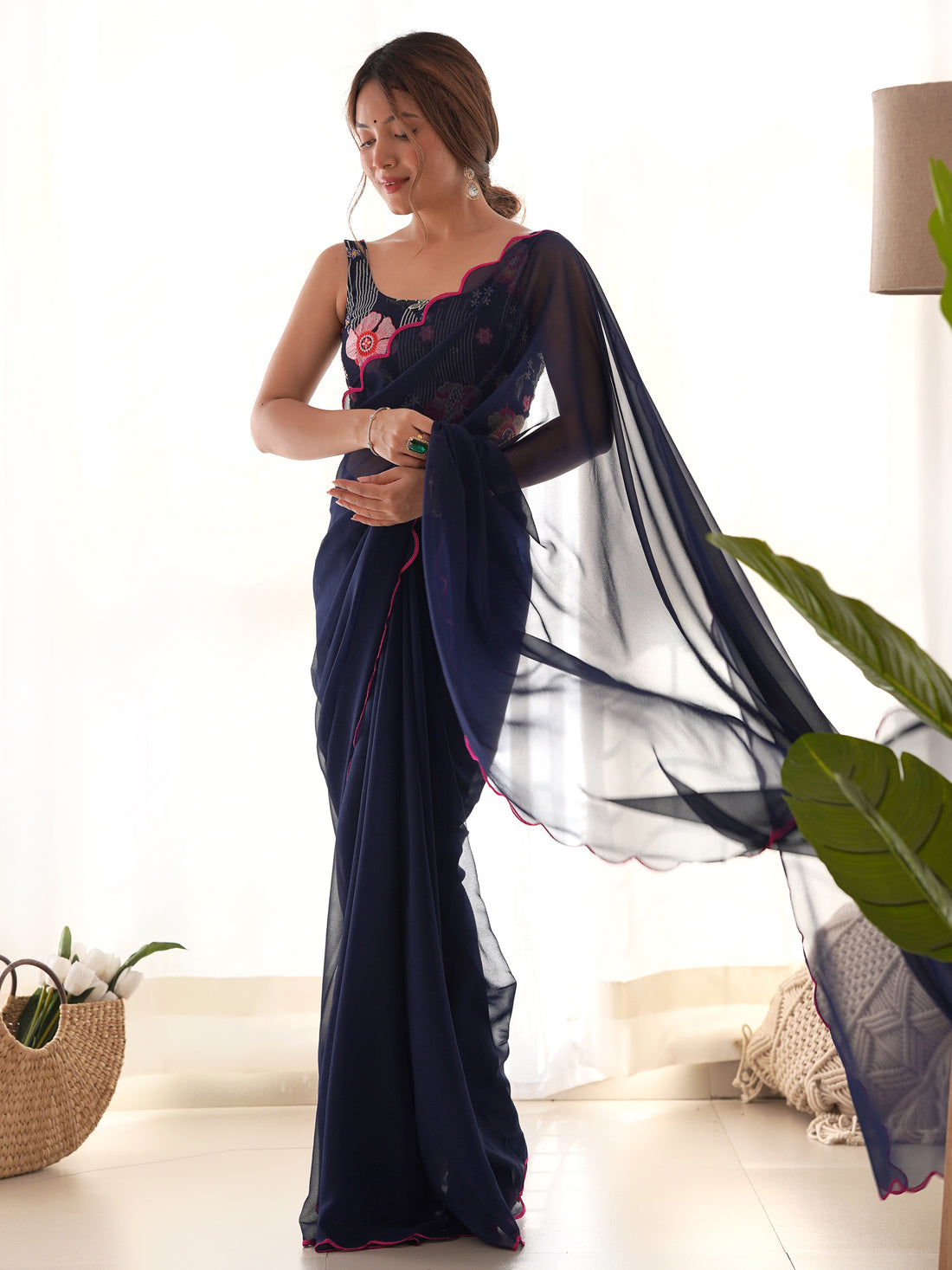 Gorgeous Navy Blue Lace Work Georgette Party Wear Saree With Blouse