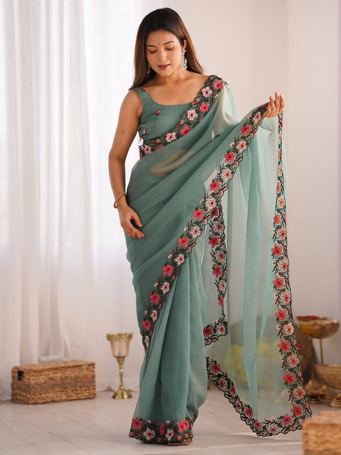 Beautiful Dusty Green Embroidered Georgette Event Wear Saree