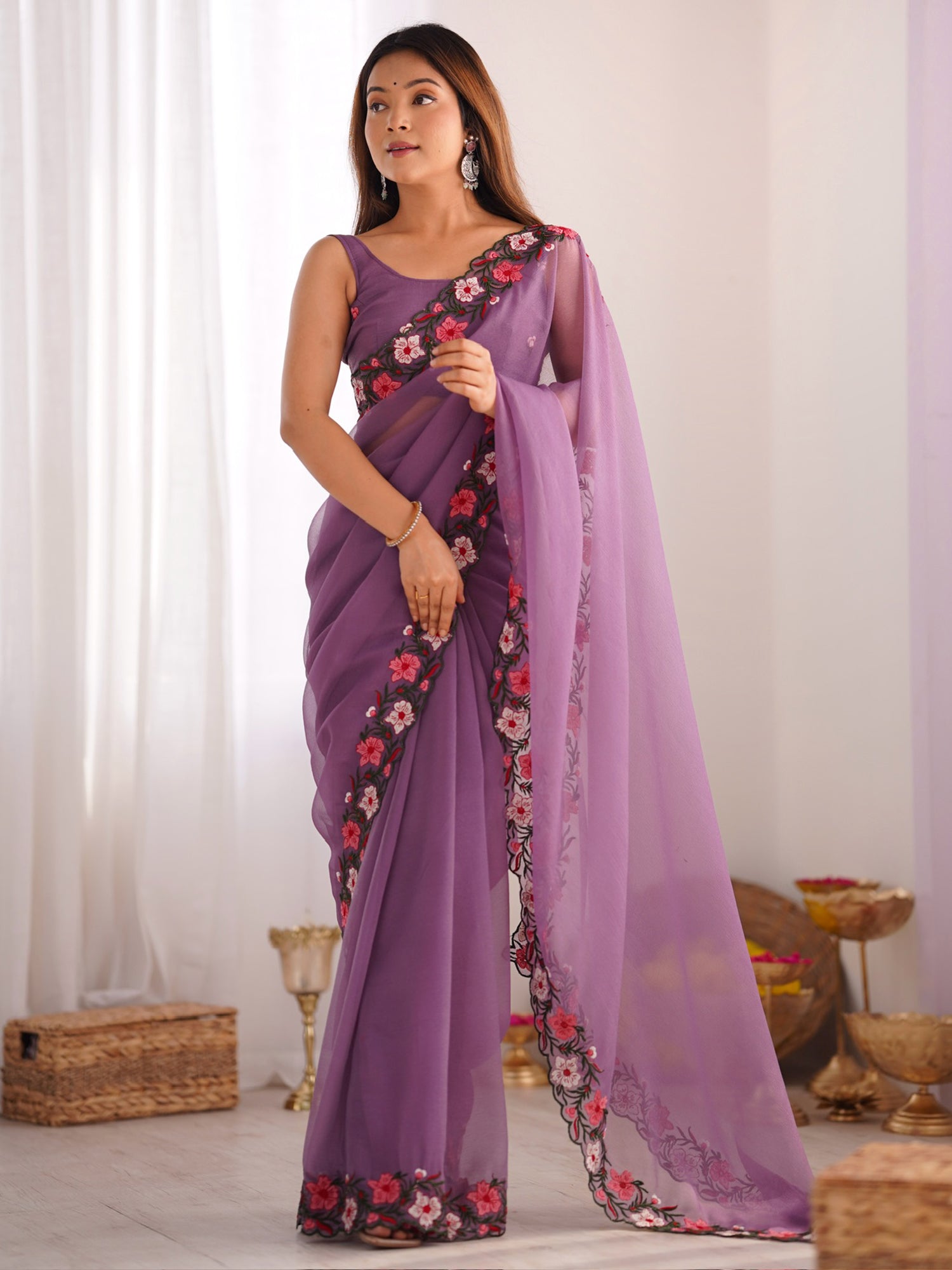 Captivating Purple Embroidered Georgette Party Wear Saree With Blouse