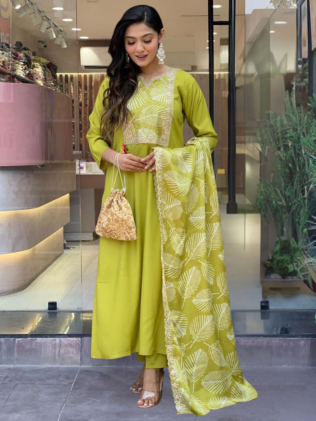 Amazing Lime Green Printed Viscose Festival Wear Pant Suit With Dupatta