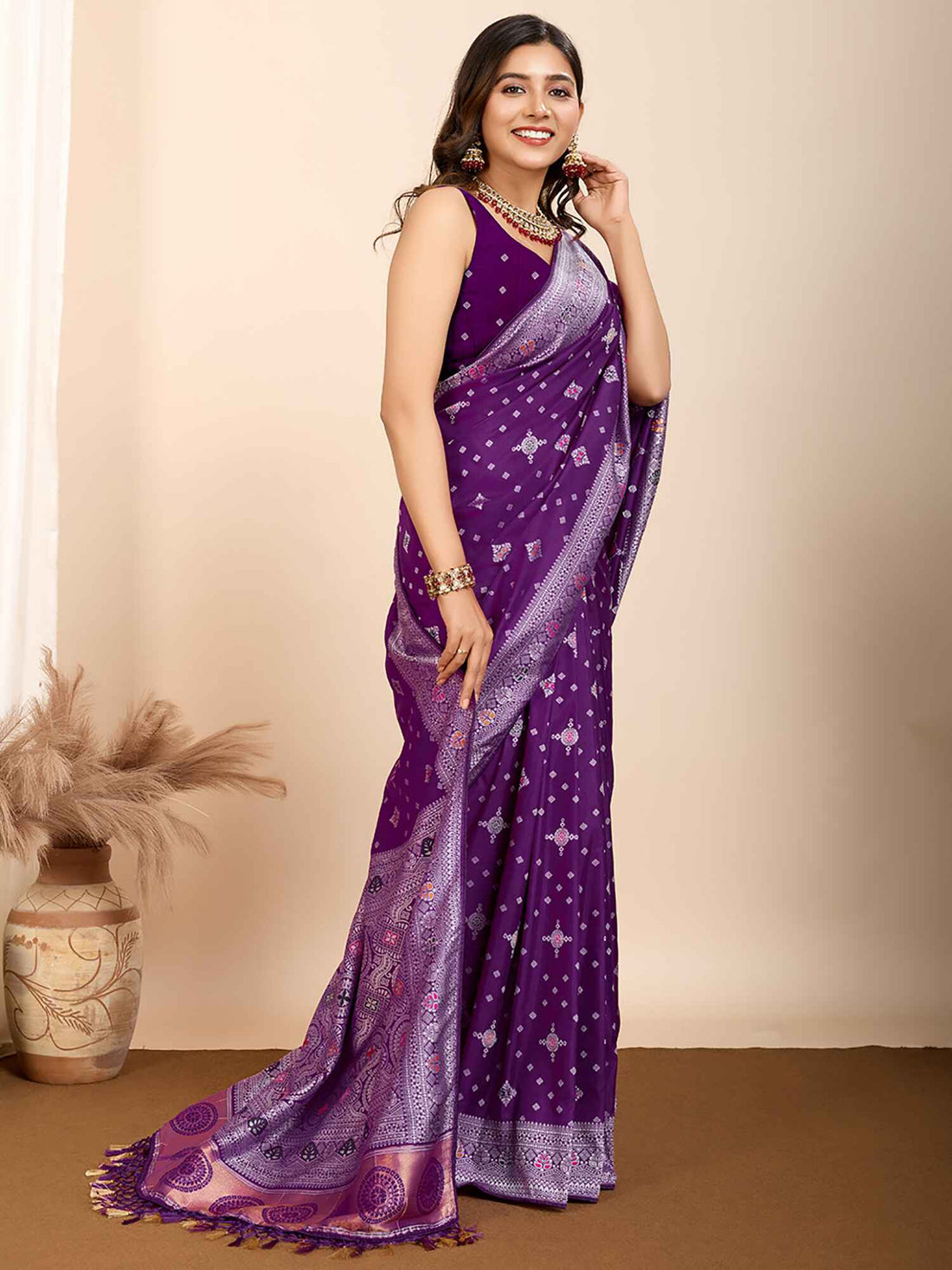 Alluring Purple Zari Weaving Silk Festival Wear Saree With Blouse