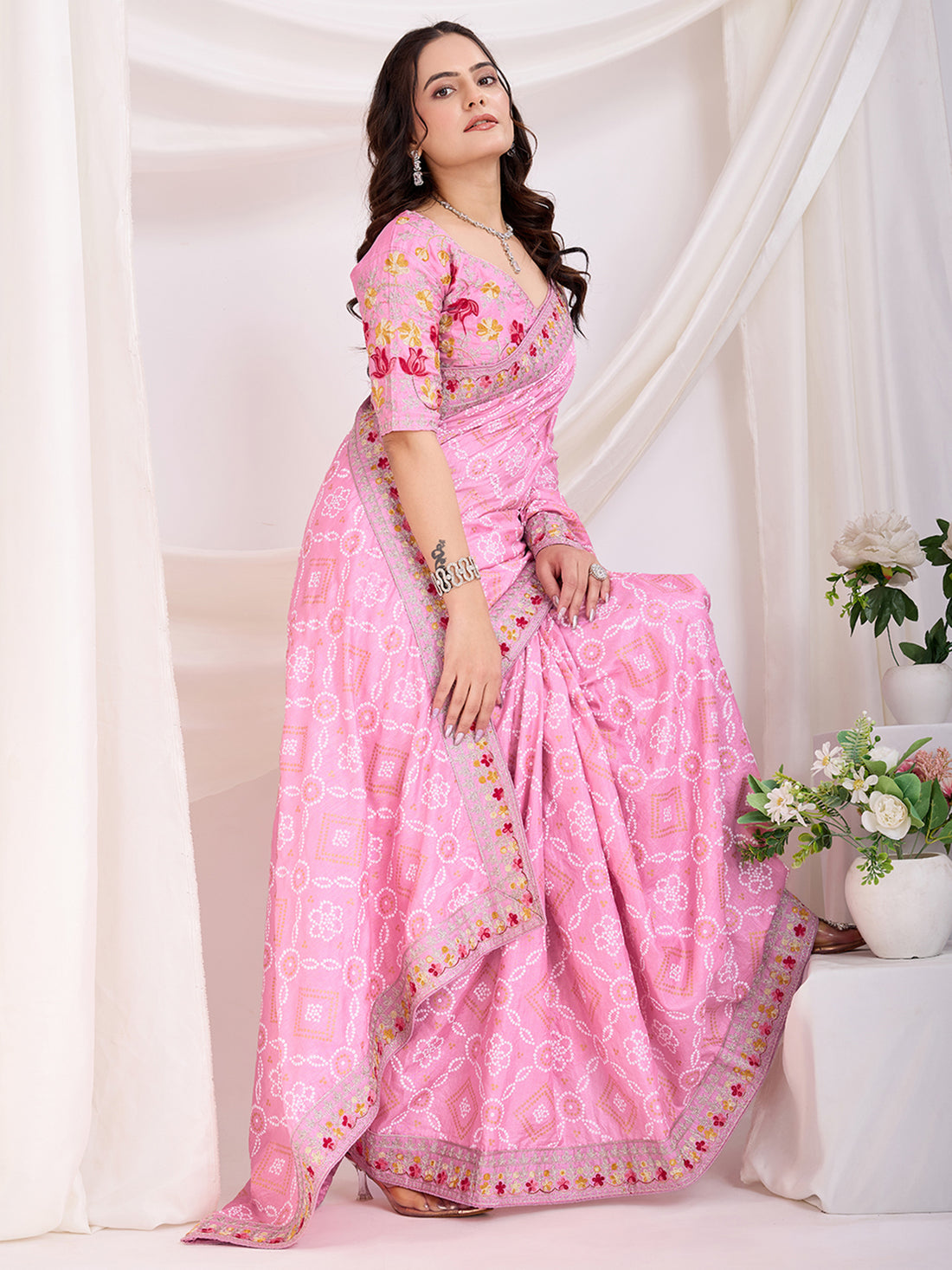 Alluring Pink Bandhani Printed Silk Bridal Saree