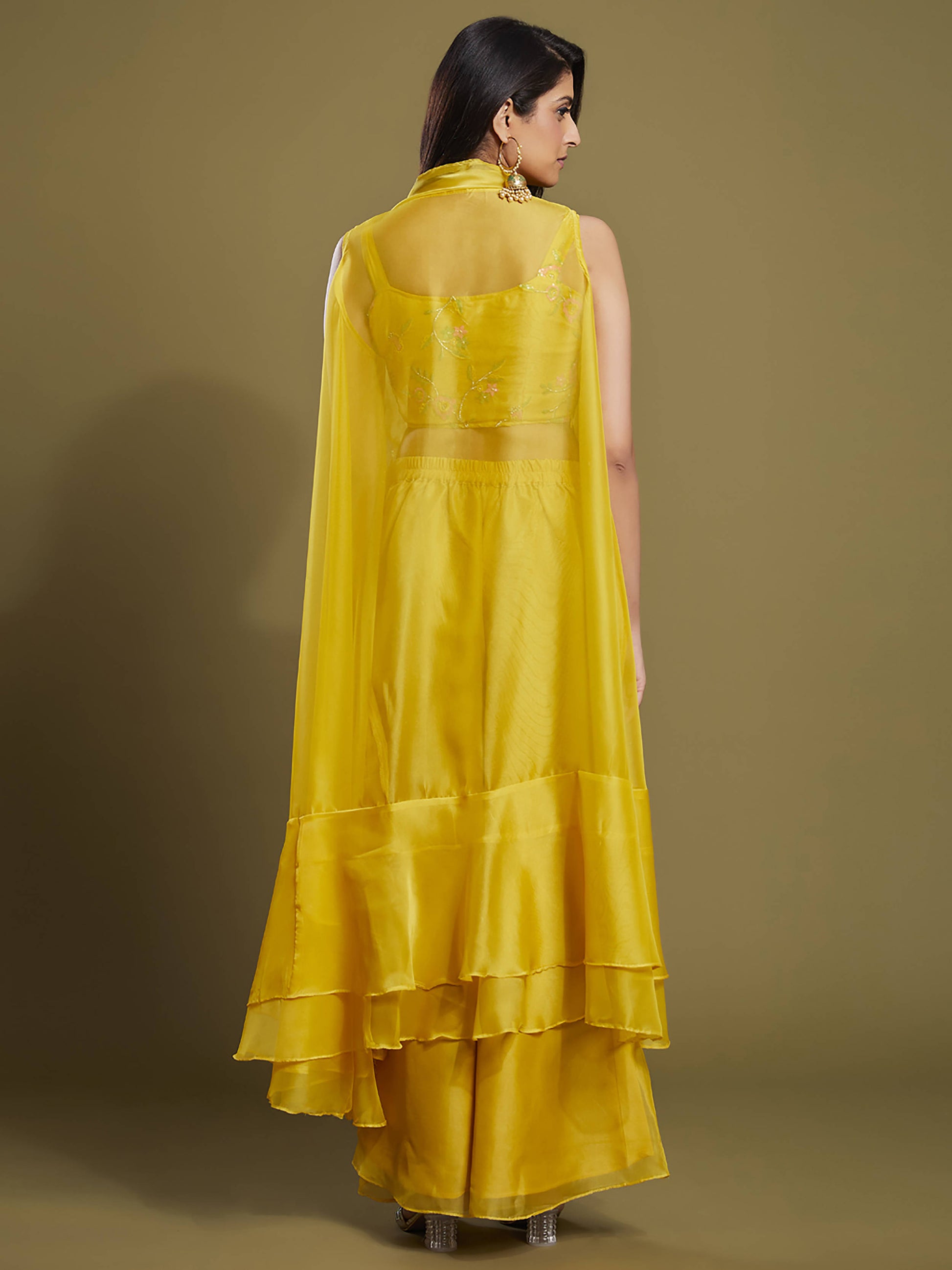 Beautiful Yellow Sequins Organza Palazzo Jacket with Blouse