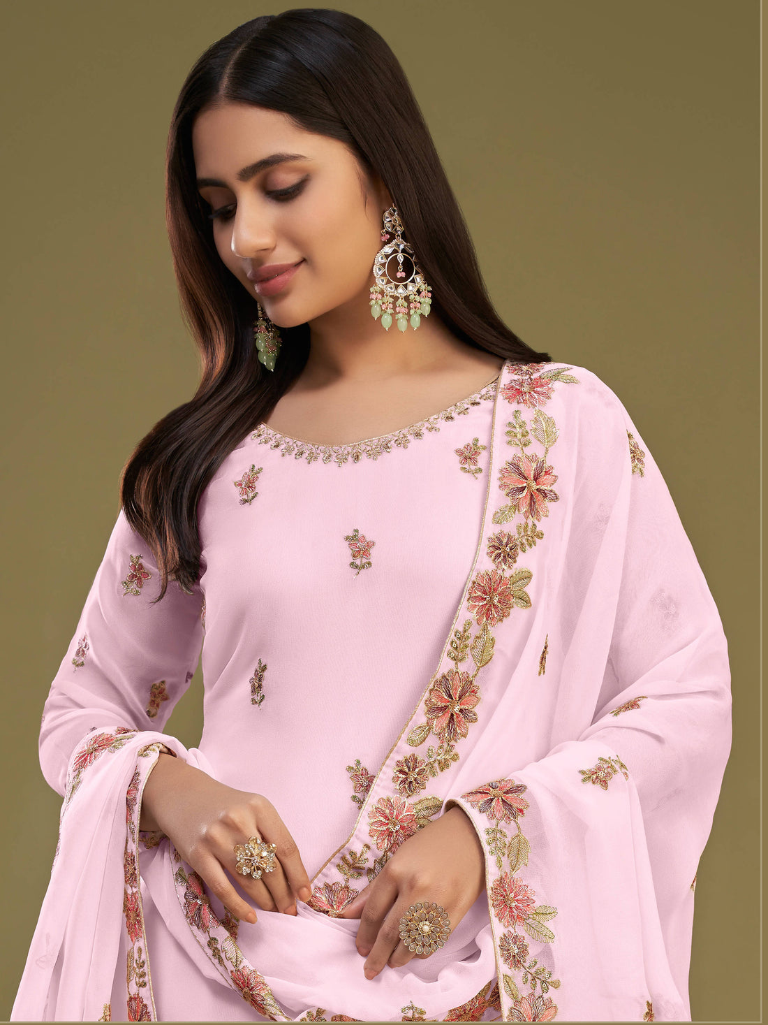 Alluring Pink Embroidered Georgette Party Wear Sharara Suits