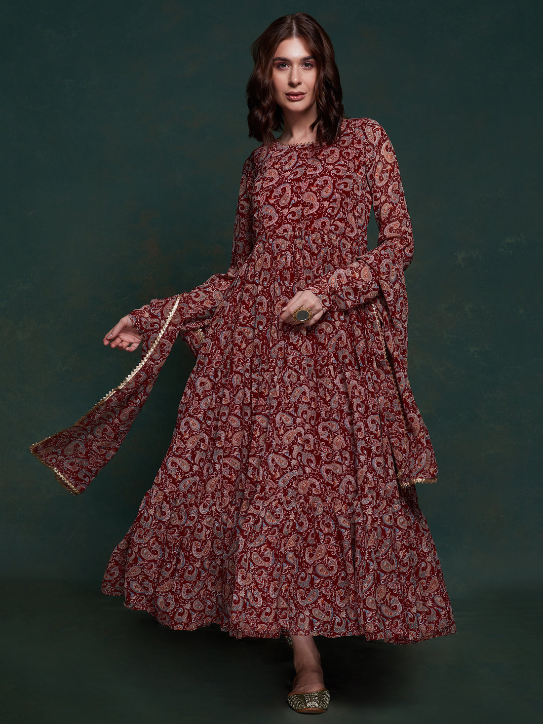 Marvelous Maroon Digital Printed Organza Traditional Gown With Dupatta