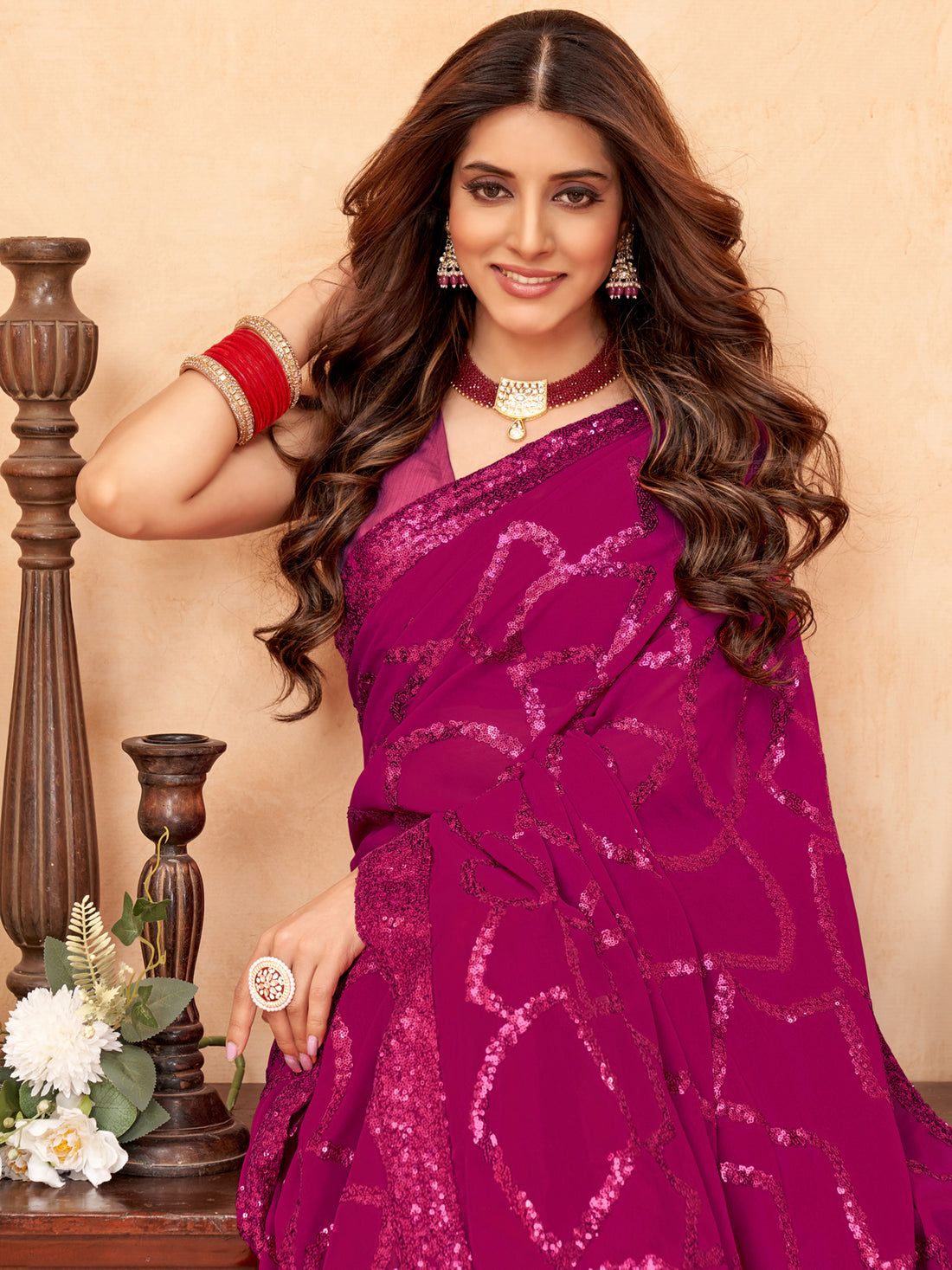 Fantastic Magenta Sequins Georgette Reception Wear Saree With Blouse