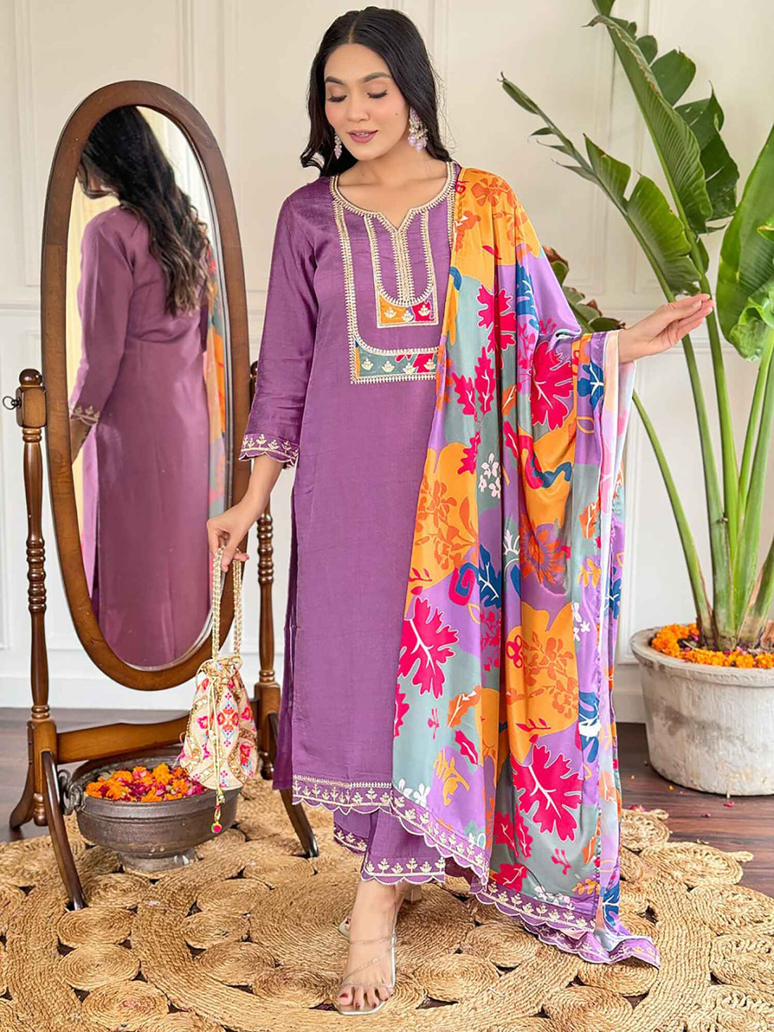 Shocking Purple Thread Embroidered Viscose Straight Suit With Dupatta