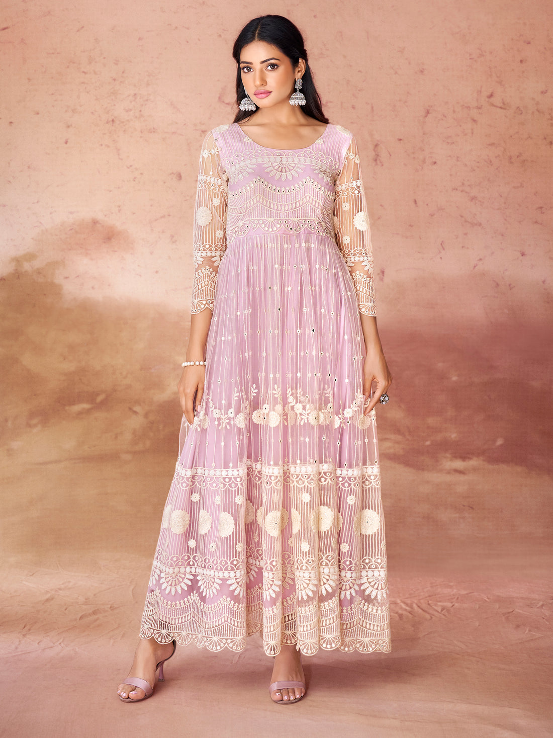 Awesome Baby Pink Embroidered Net Festival Wear Gown