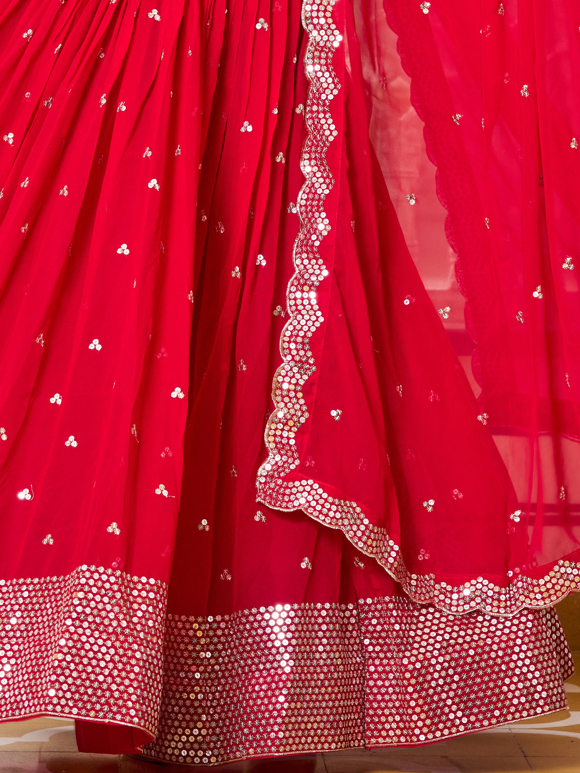 Tantalizing Red Sequins Georgette Wedding Lehenga Choli