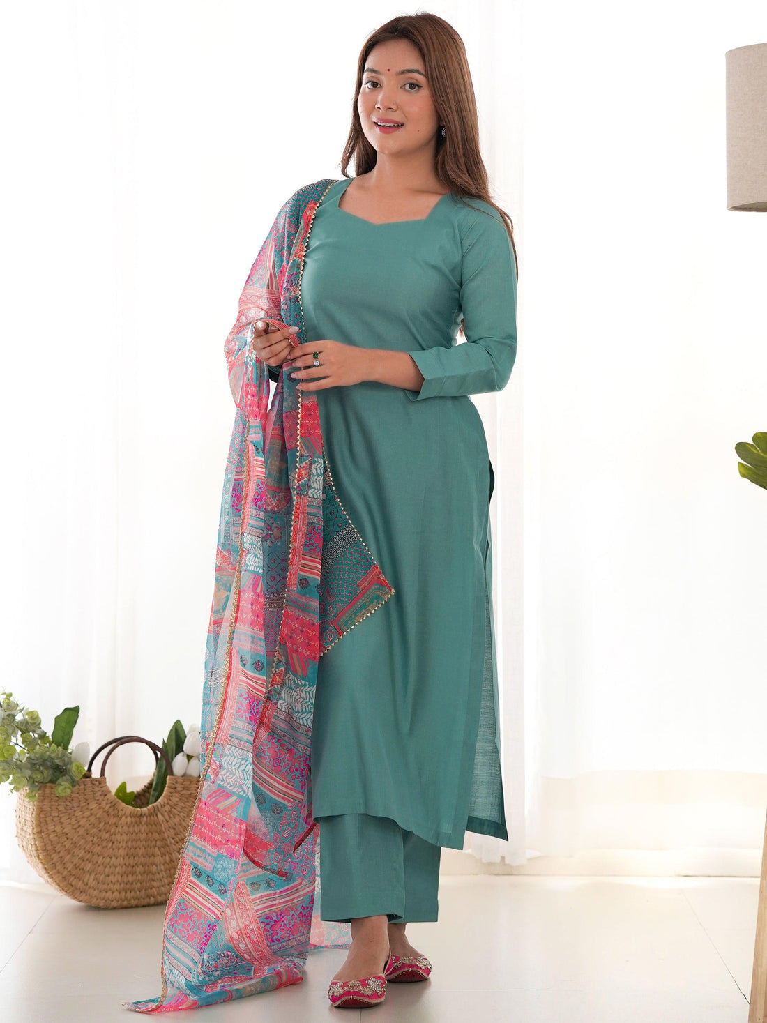 Amazing Sea Green Cotton Festival Wear Straight Kurta With Pant