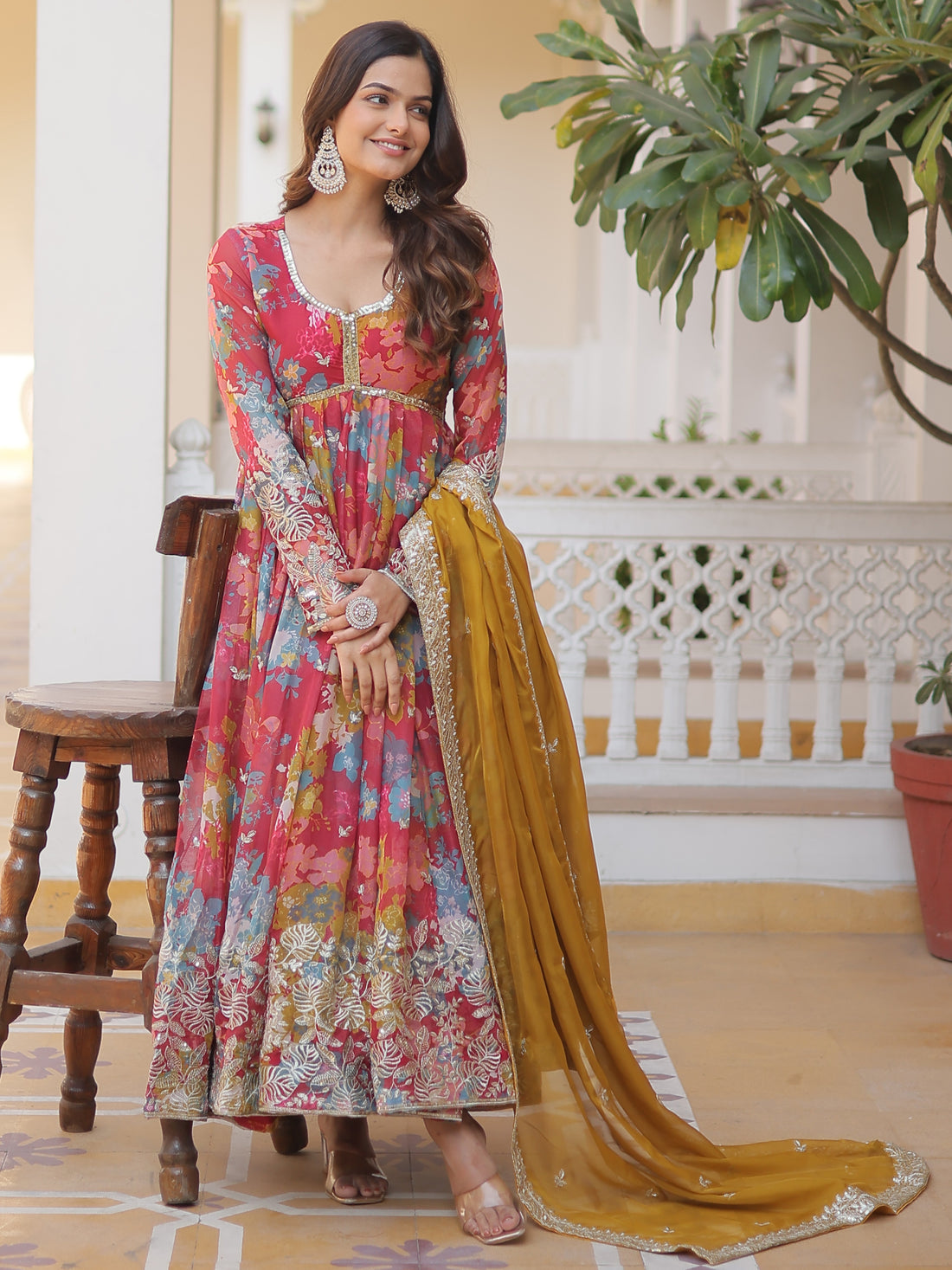 Stunning Pink Floral Printed Silk Event Wear Gown With Dupatta