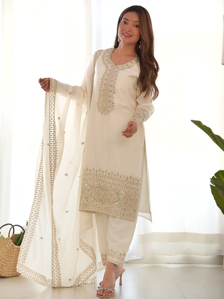 Adorable White Sequins Chinon Silk Eid Special Pant Suit