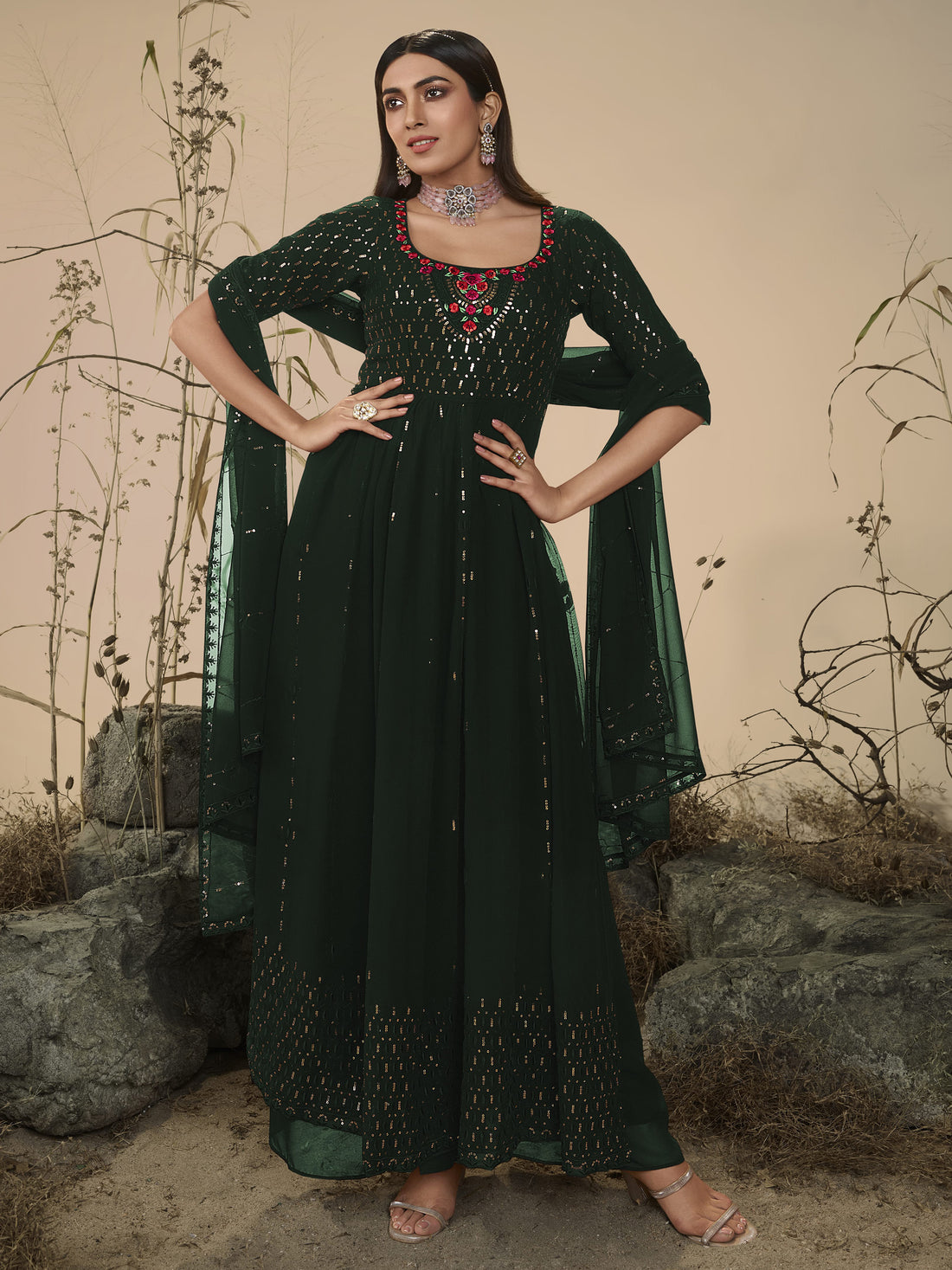 Beautiful Green Sequins Georgette Ready-Made Palazzo Suit