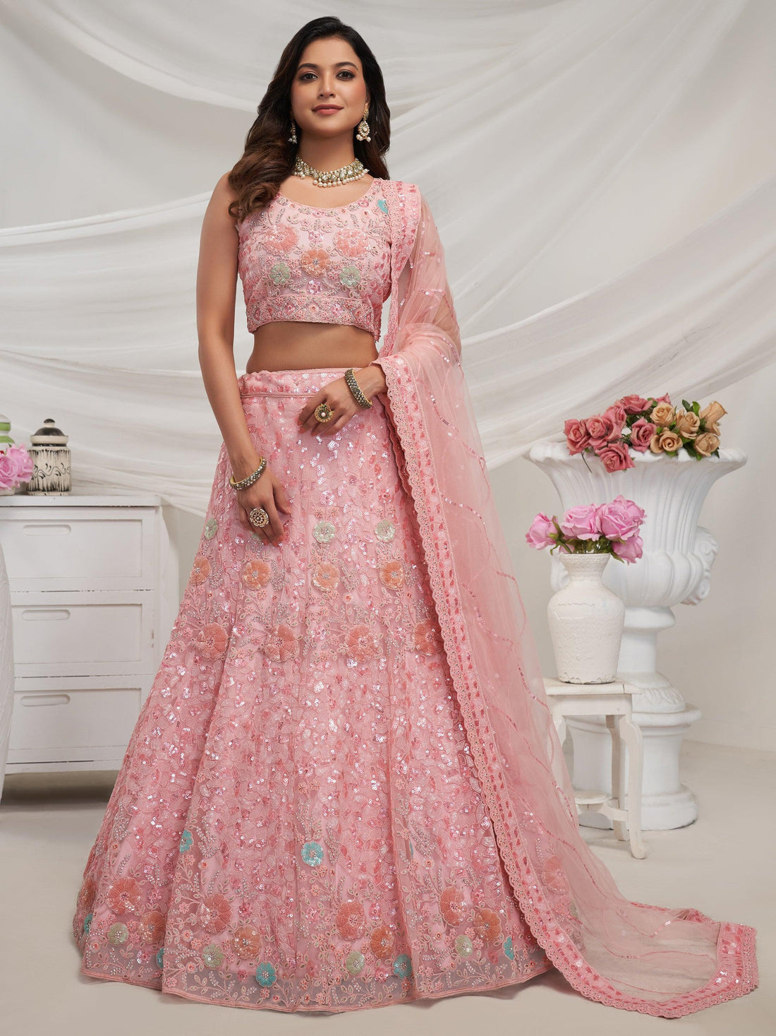 Stunning Pink Heavy Sequins Net Bridesmaid Lehenga Choli With Dupatta