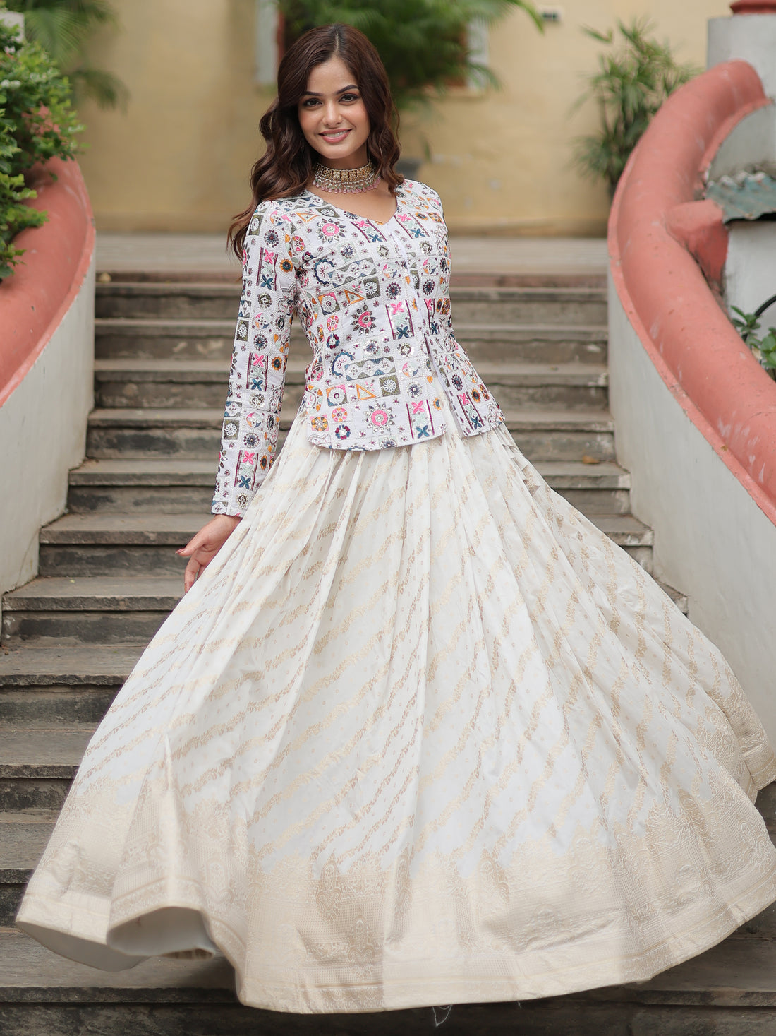 Incredible Off-White Sequins Jacquard Lehenga With Long Top