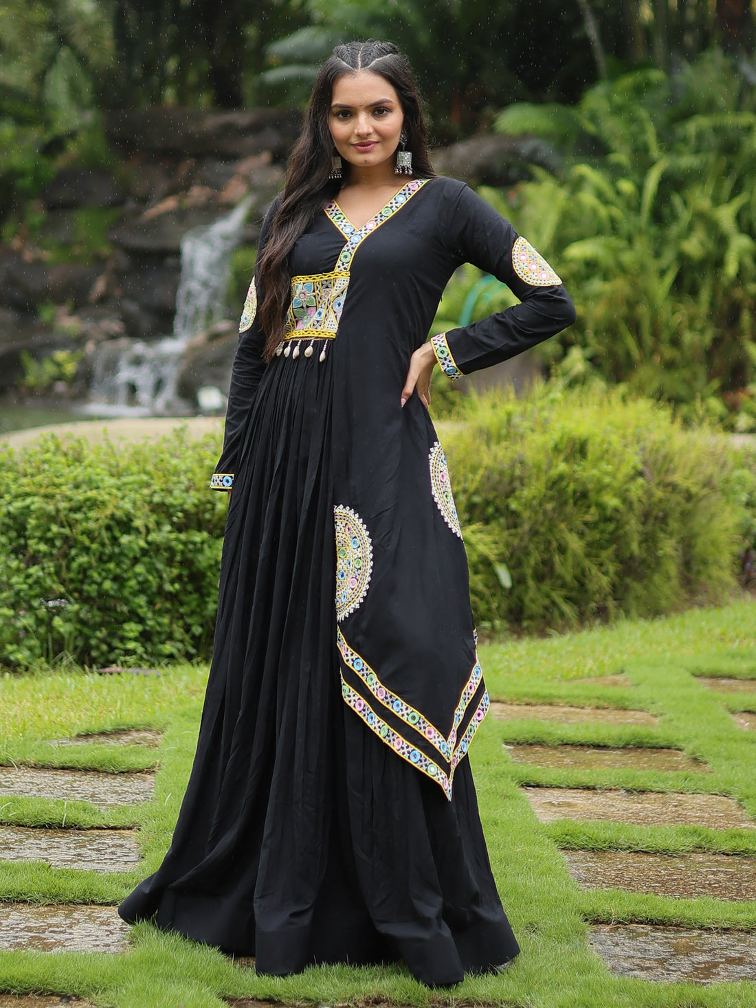 Wonderful Black Gamthi Work Rayon Navratri Wear Gown