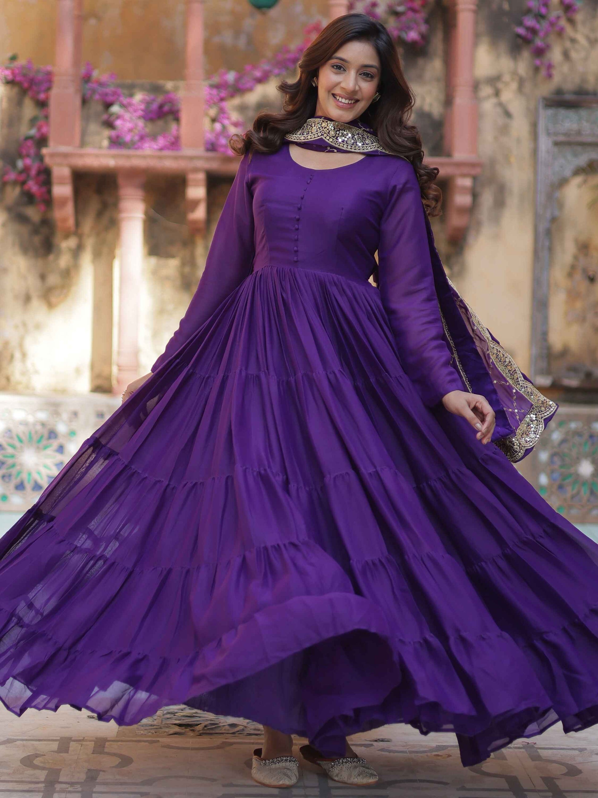 Dazzling Purple Georgette Reception Wear Gown With Dupatta