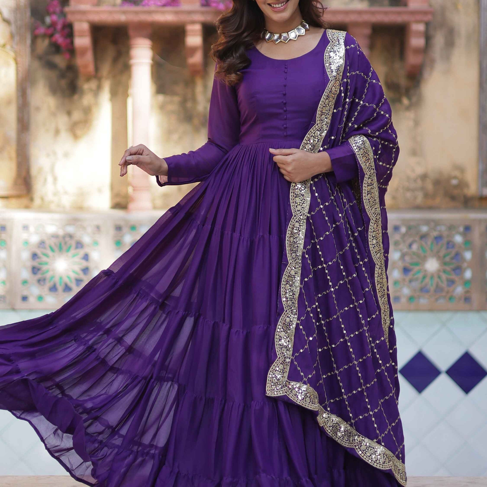 Dazzling Purple Georgette Reception Wear Gown With Dupatta