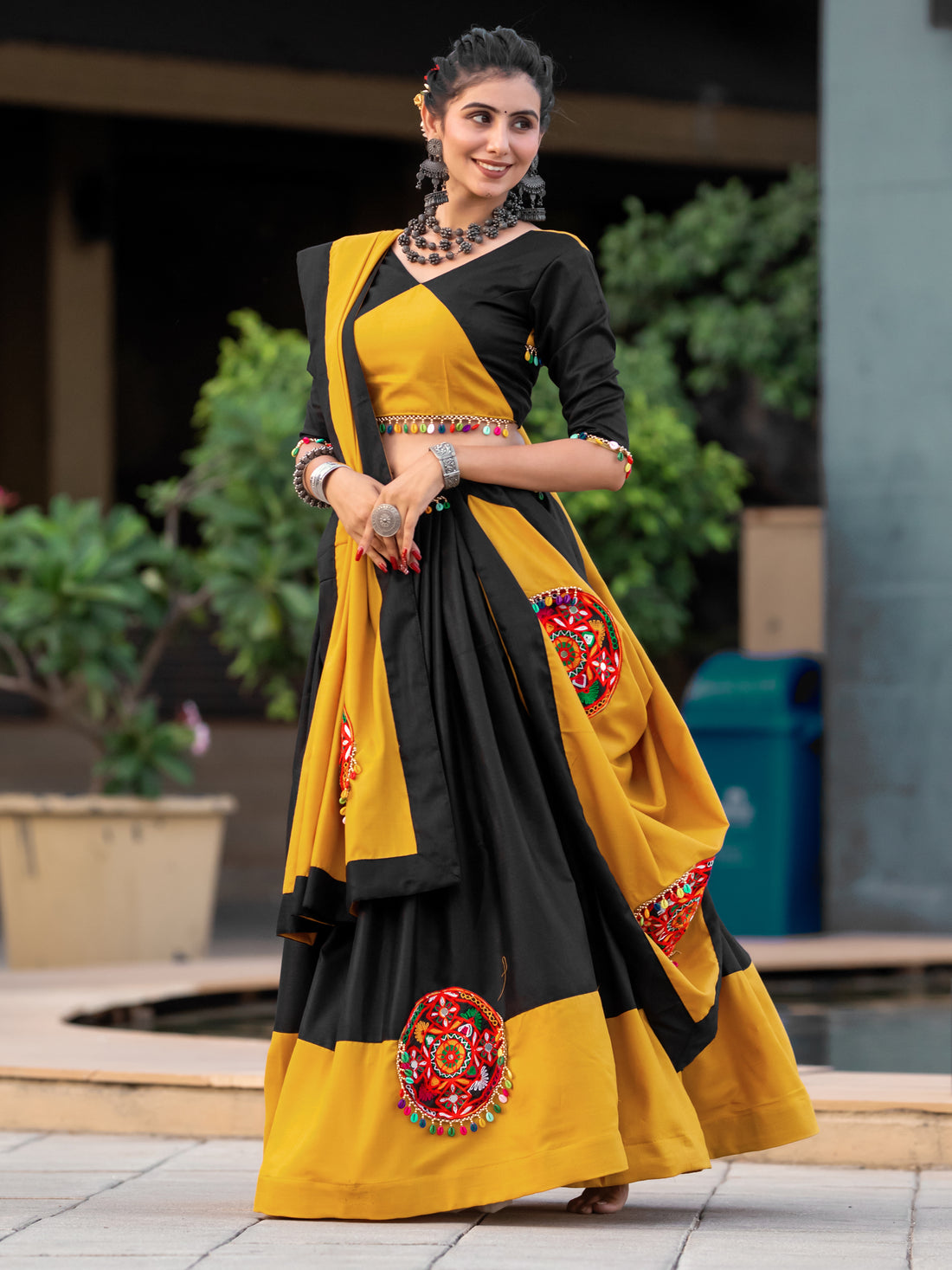 Fabulous Black & Yellow Gamthi Work Cotton Navratri Lehenga Choli