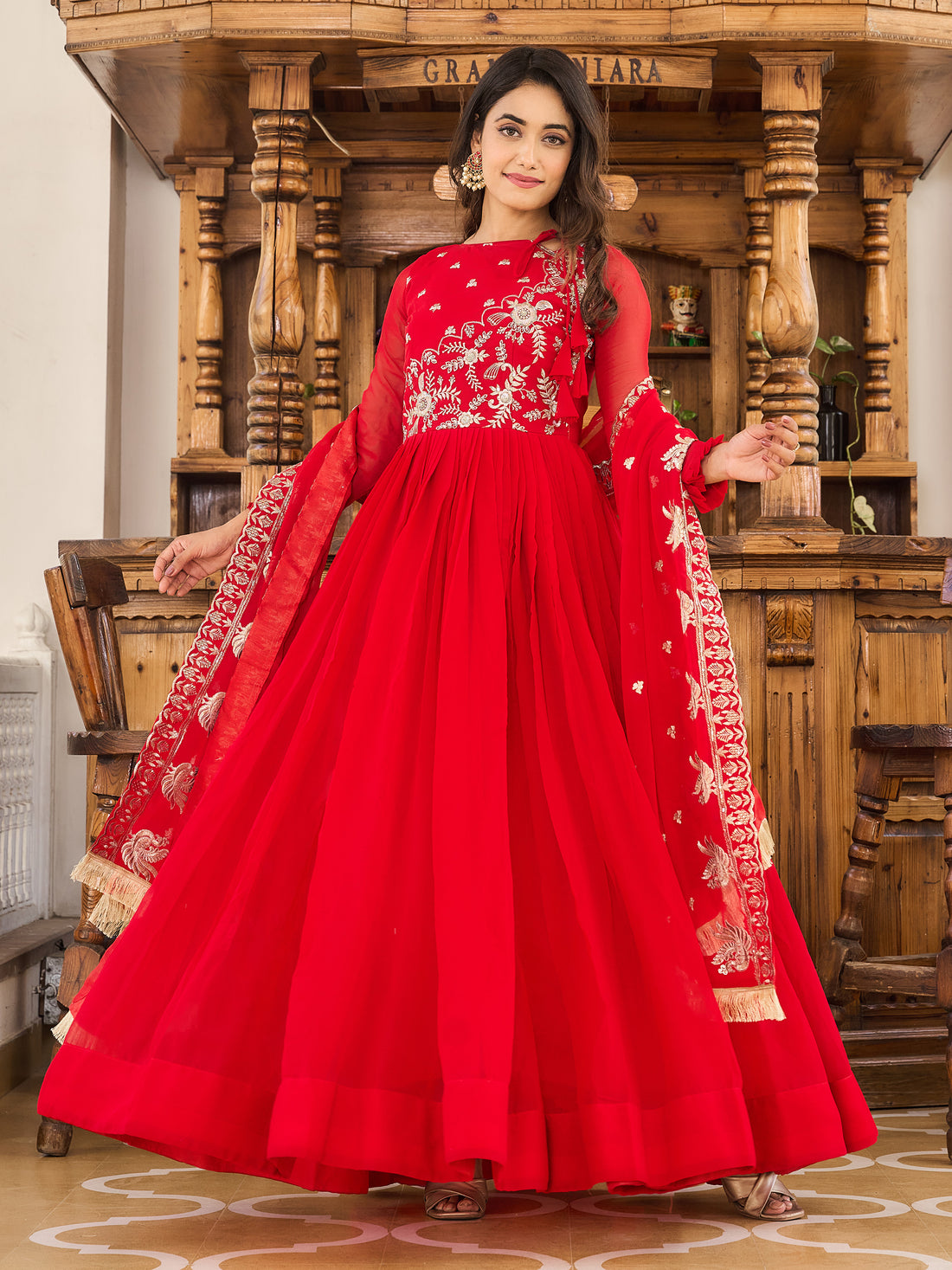 Fascinating Red Embroidered Georgette Gown With Dupatta