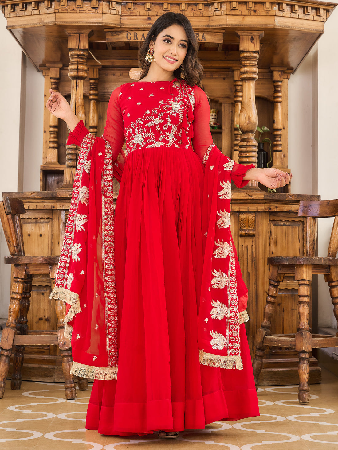 Fascinating Red Embroidered Georgette Gown With Dupatta