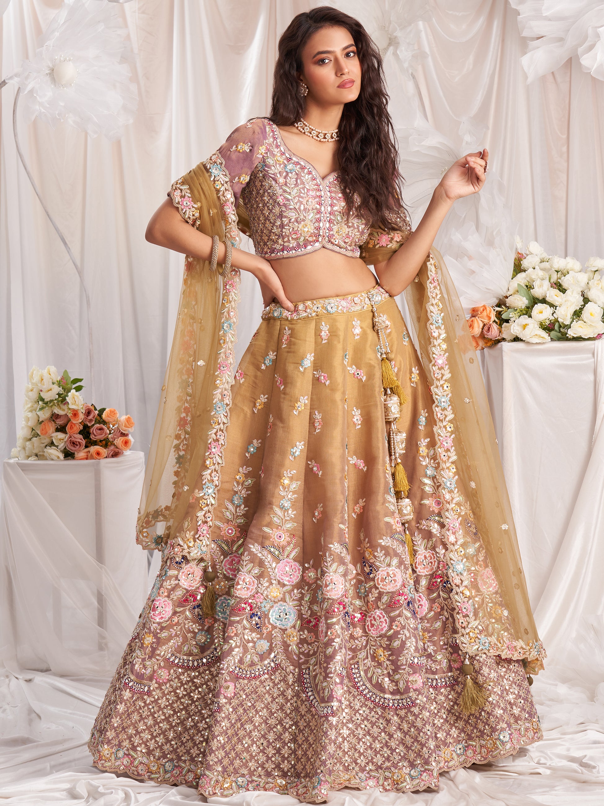 Marvelous Brown Sequins Tissue Silk Engagement Wear Lehenga Choli