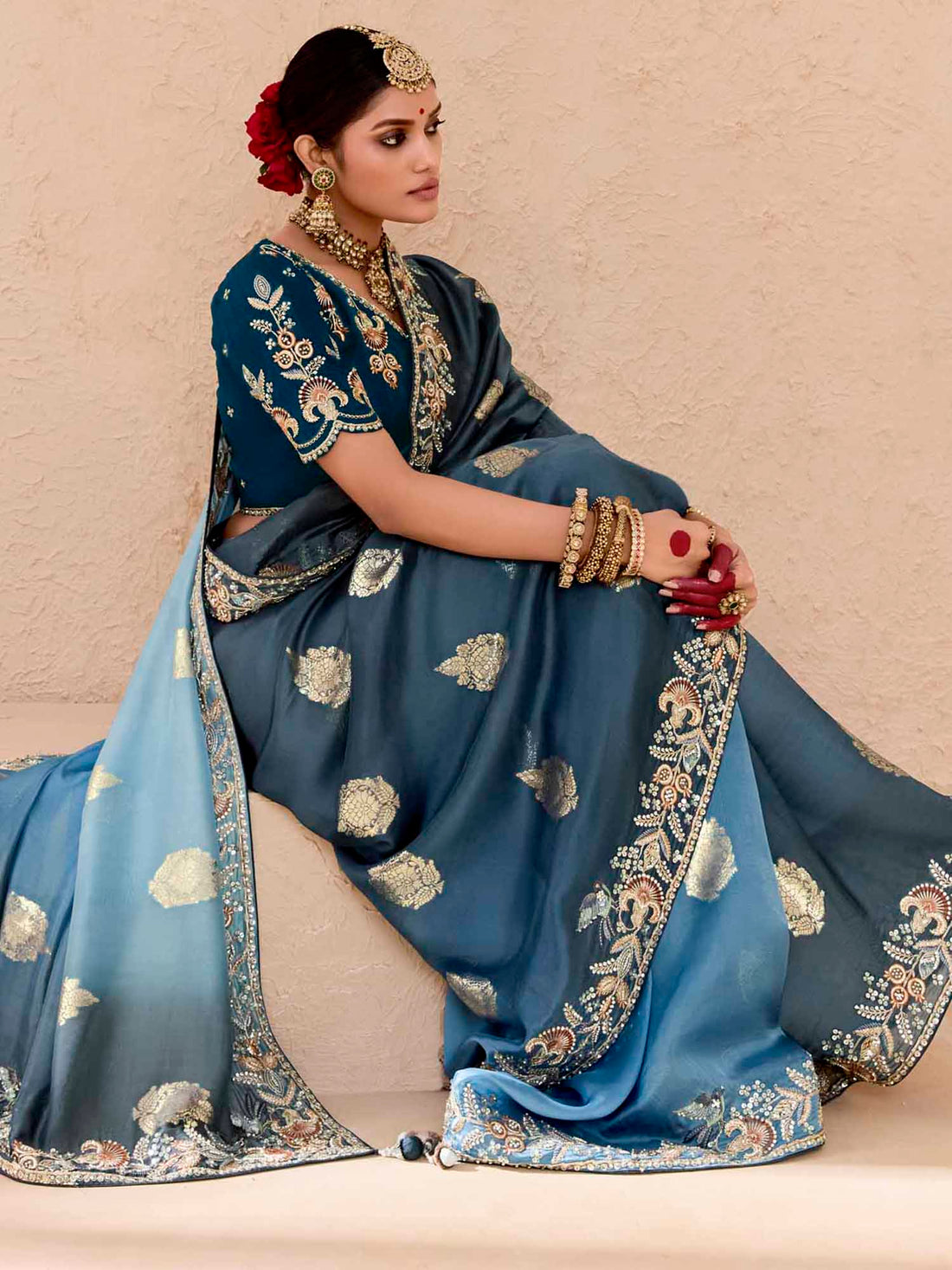 Dazzling Dusty Blue Thread Embroidered Viscose Wedding Wear Saree