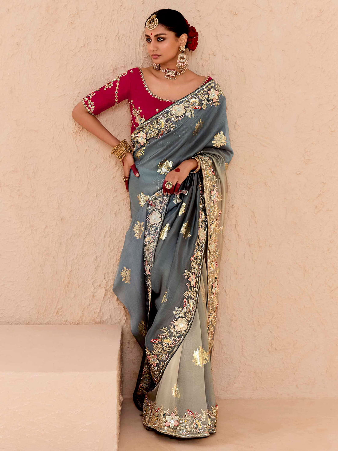 Bewitching Grey Thread Embroidered Viscose Wedding Wear Saree