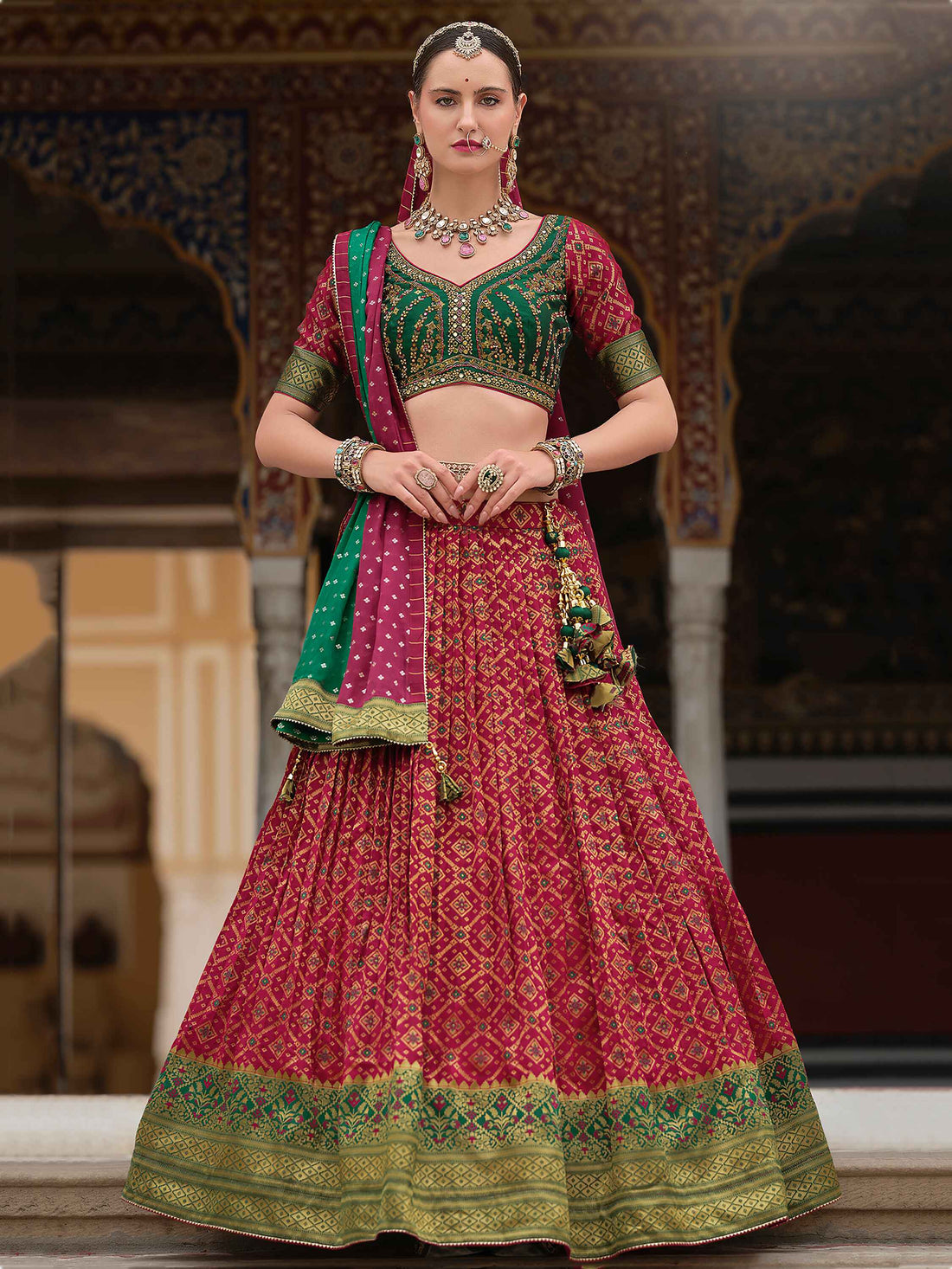 Attractive Red Bandhani Print Silk Wedding Wear Lehenga Choli