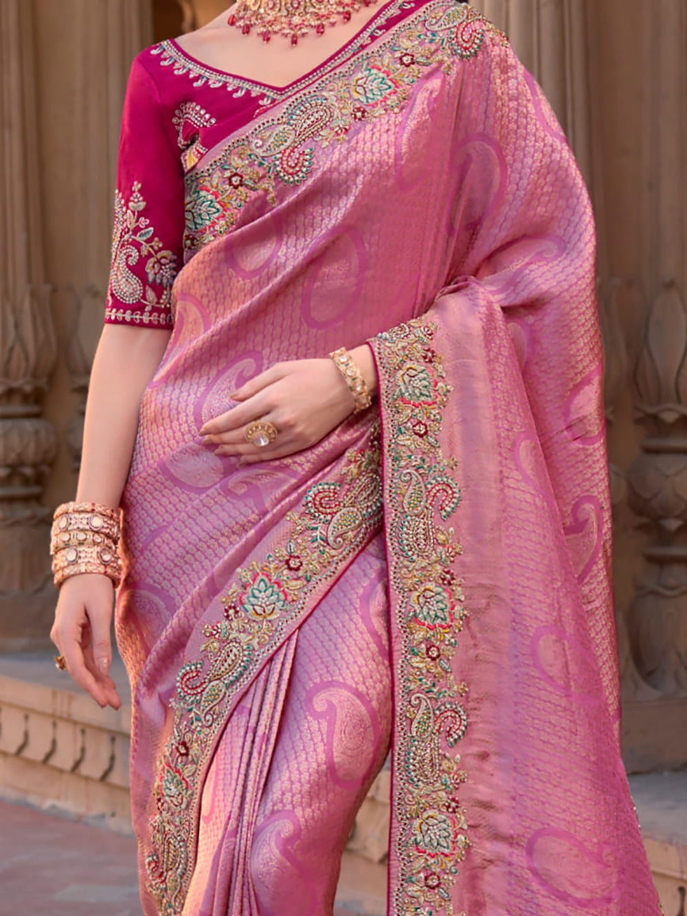 Precious Pink Sequins Silk Engagement Wear Saree With Blouse