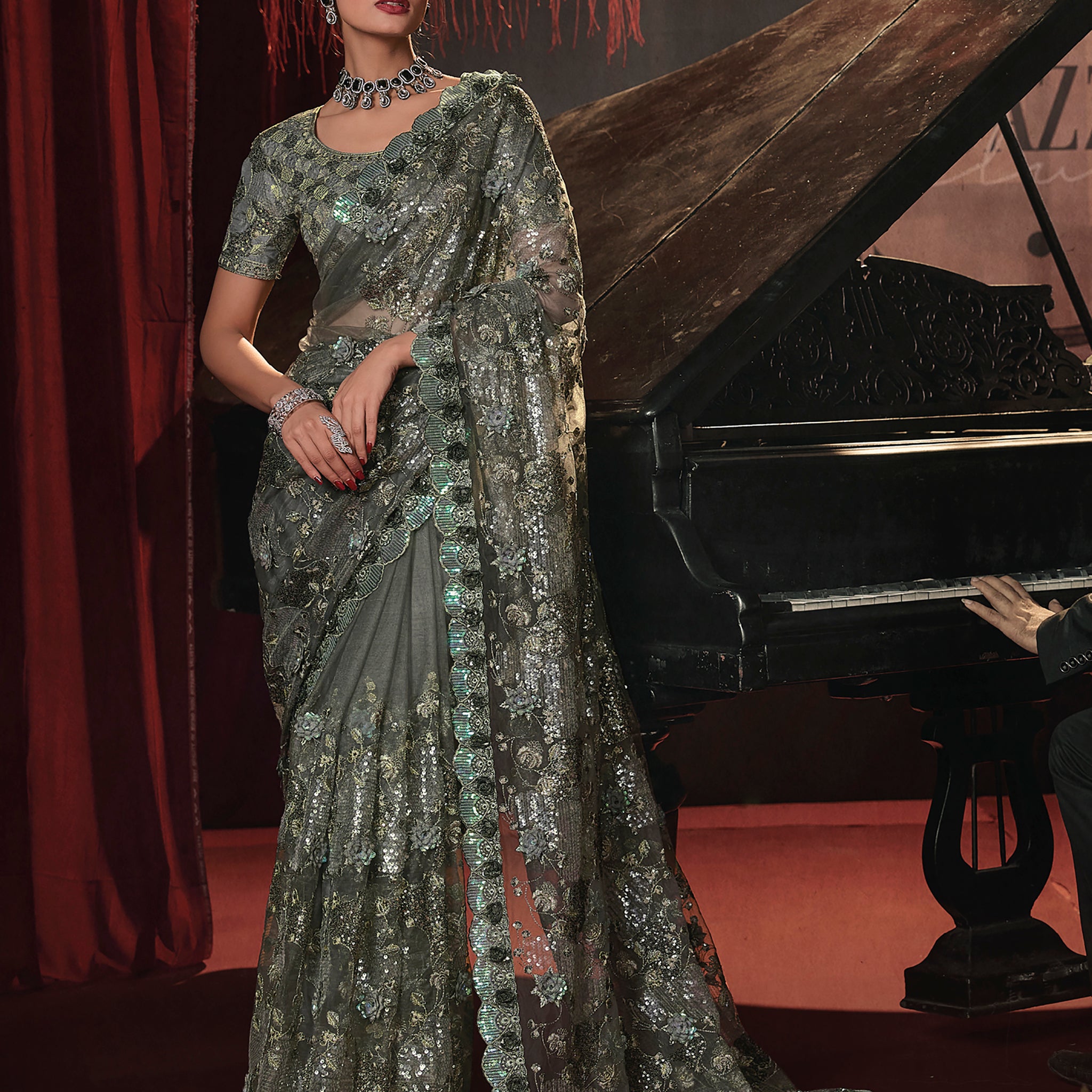 Awesome Sage Green Sequins Net Reception Wear Saree