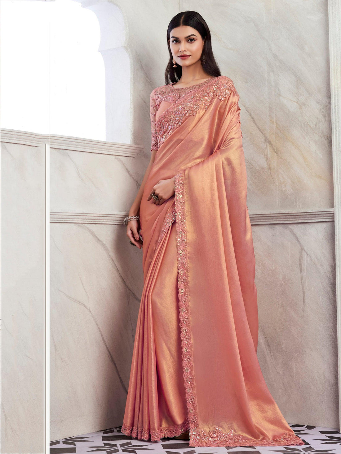 Spectacular Peach Embroidered Shimmer Silk Engagement Wear Saree