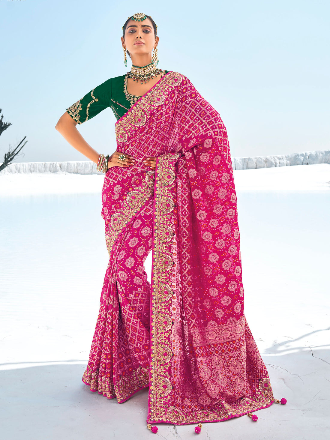 Fantastic Pink Bandhani Printed Georgette Traditional Saree With Blouse