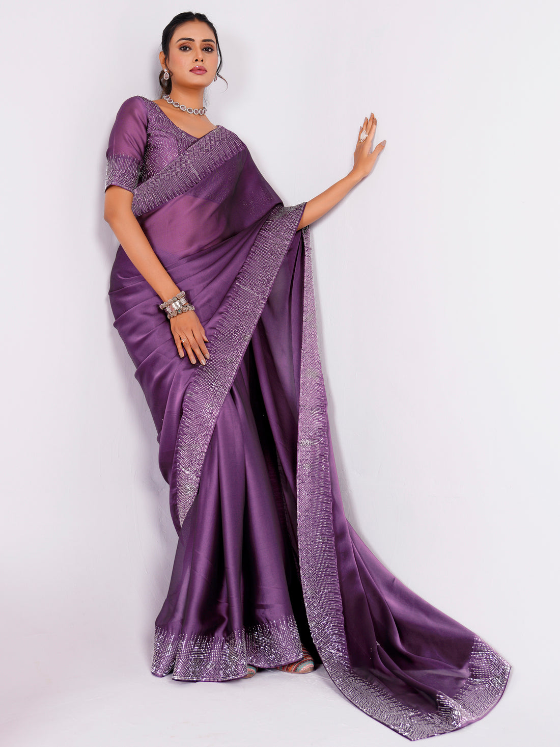 Alluring Purple Stone Work Rangoli Silk Party Wear Saree With Blouse