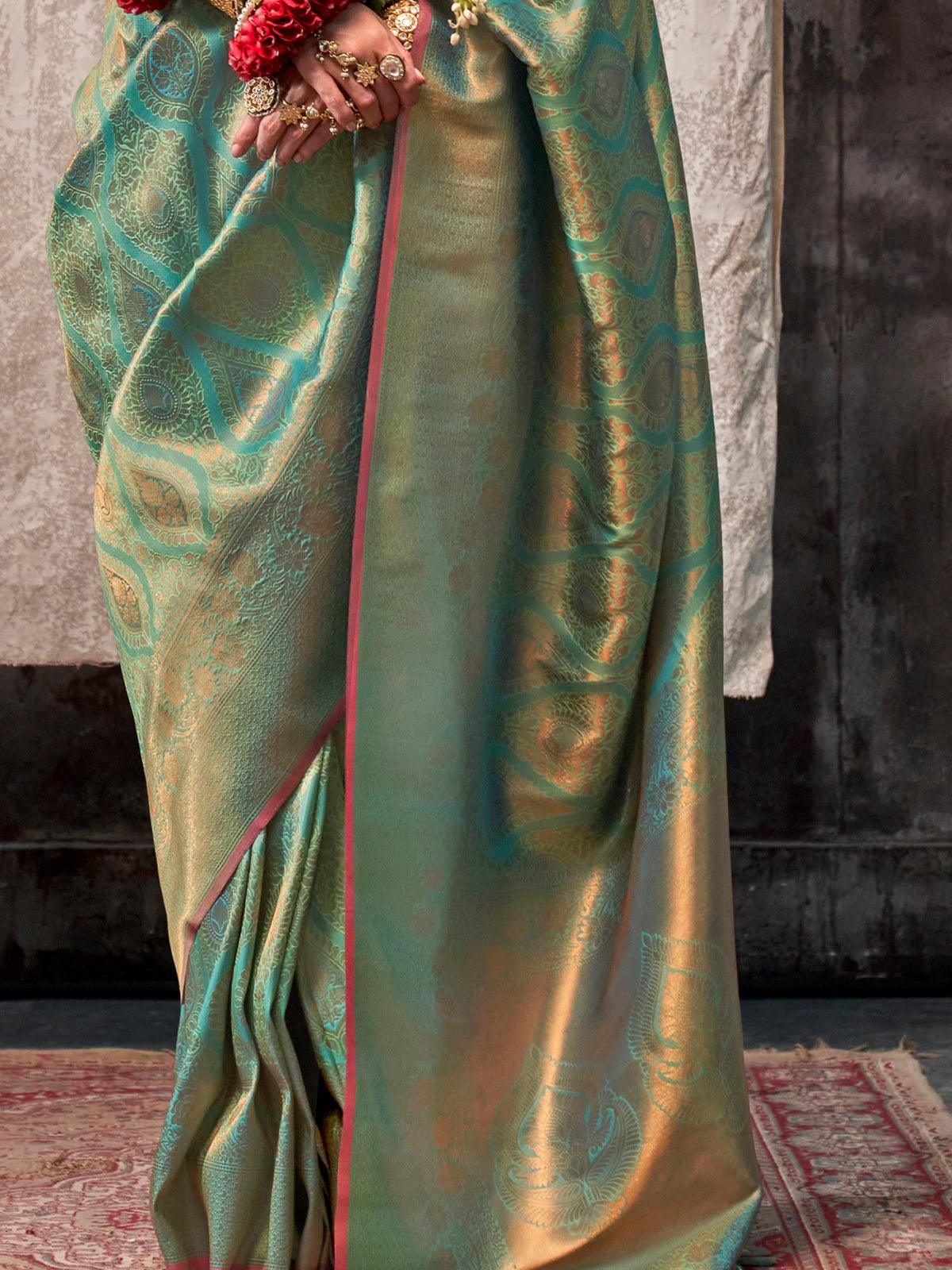 Captivating Green Zari Weaving Silk Traditional Saree With Blouse