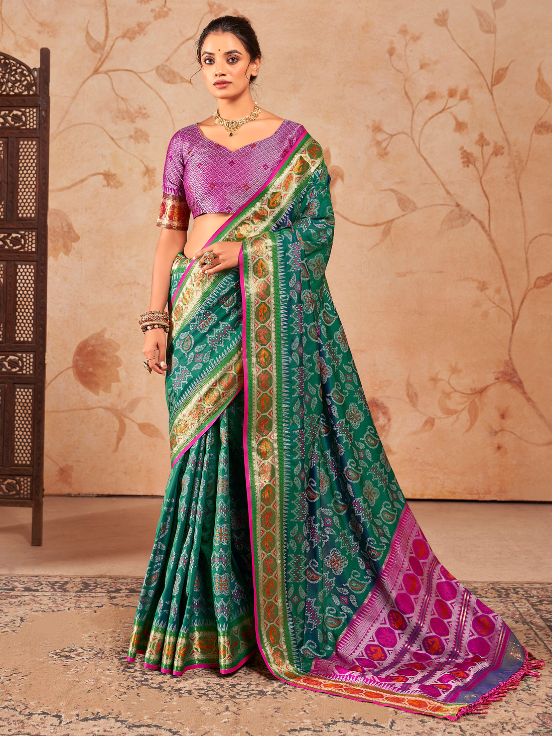 Mesmerizing Green Zari Weaving Patola Silk Mehendi Wear Saree