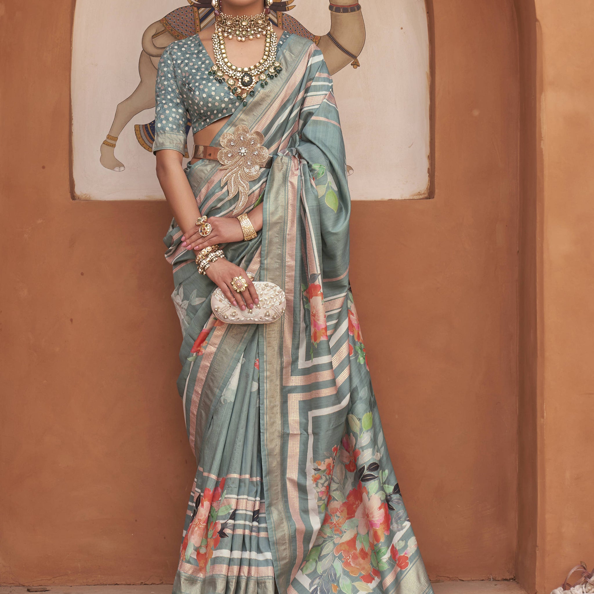 Precious Sage Green Floral Printed Silk Designer Saree With Blouse