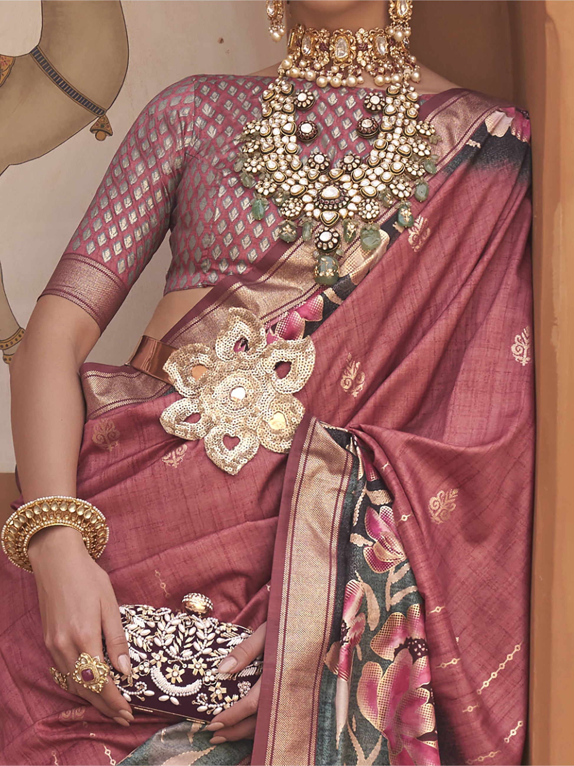 Enchanting Dark Pink Floral Printed Silk Reception Wear Saree With Blouse