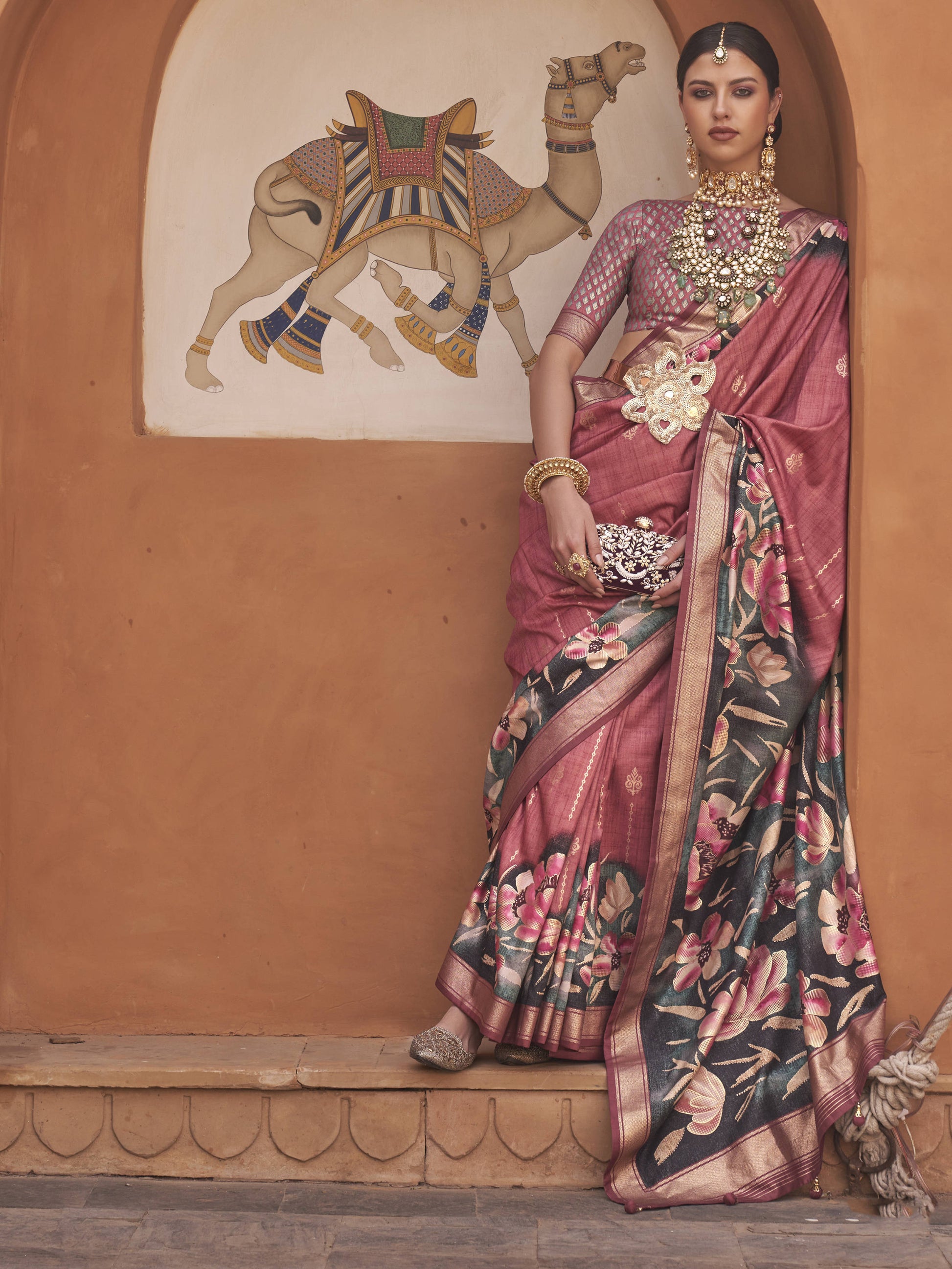 Enchanting Dark Pink Floral Printed Silk Reception Wear Saree With Blouse