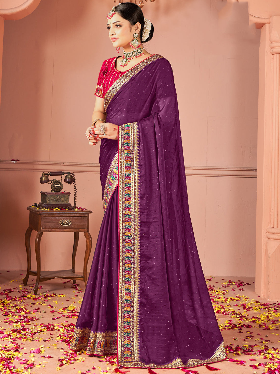 Stunning Wine Swarovski Work Silk Festive Wear Saree