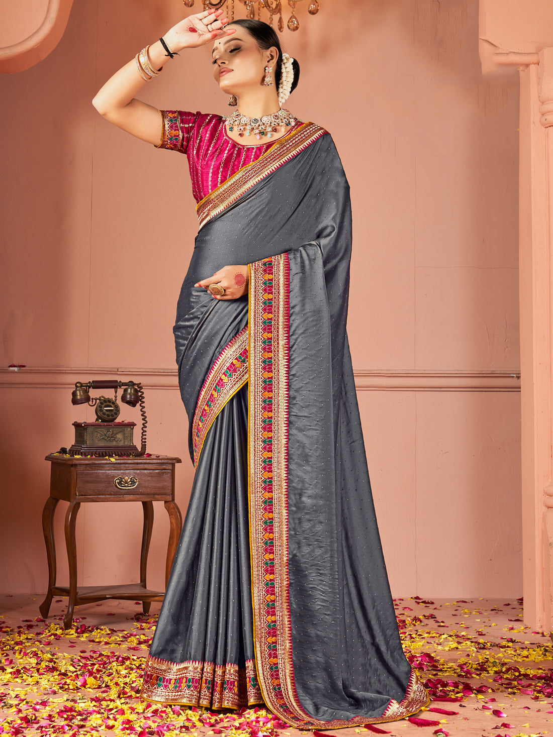 Awesome Grey Swarovski Work Silk Evening Wear Saree