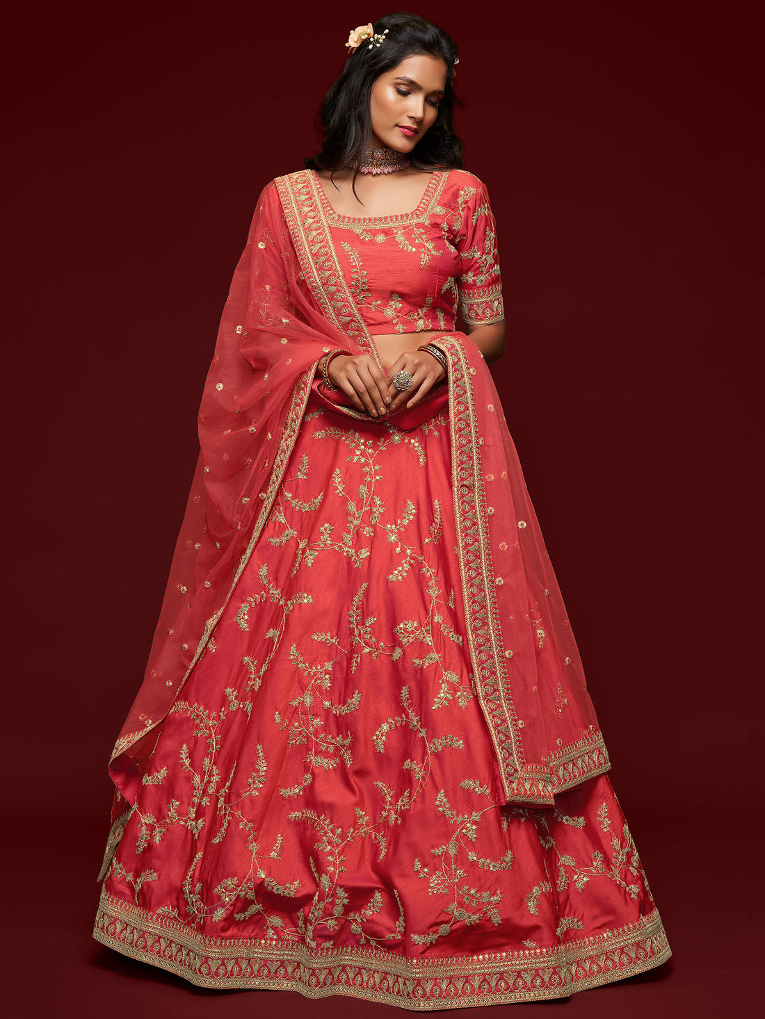 Satisfying Coral Red Thread Embroidery Art Silk Wedding Lehenga Choli