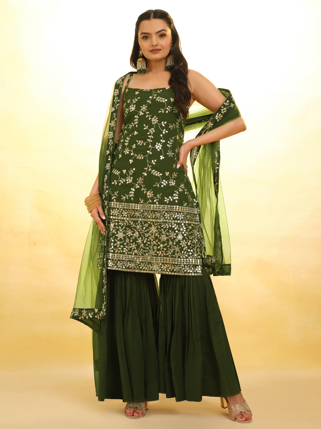 Alluring Green Embroidered Georgette Mehendi Wear Sharara Suit