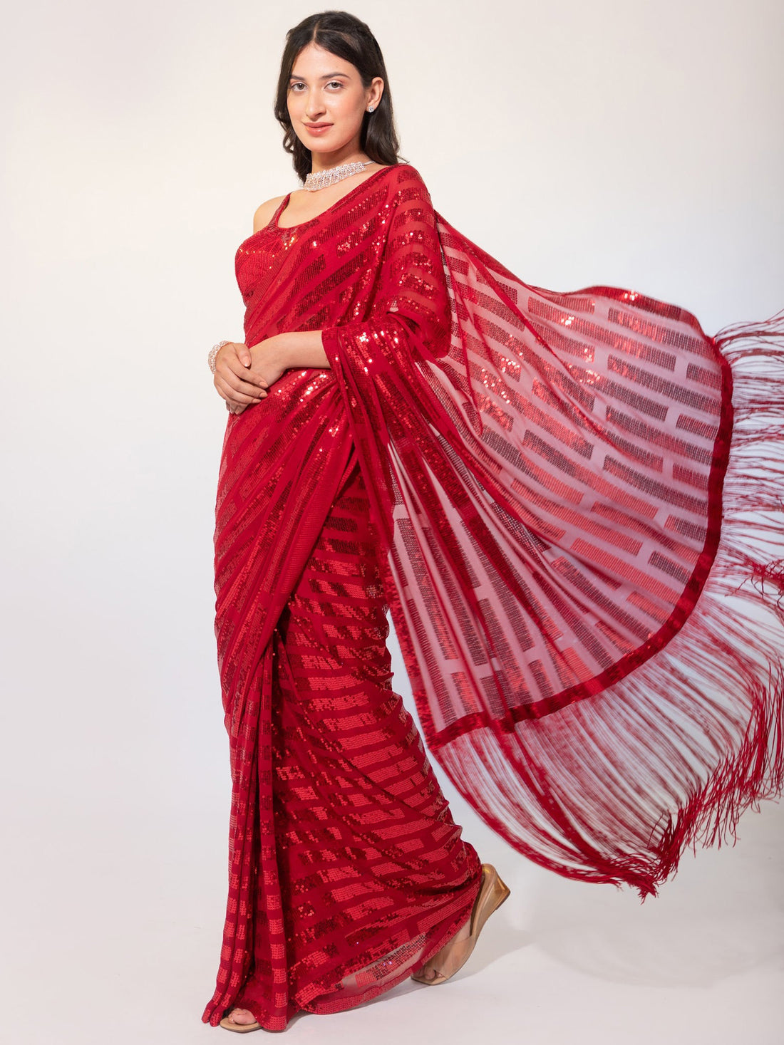 Gorgeous Red Sequins Georgette Party Wear Saree With Blouse